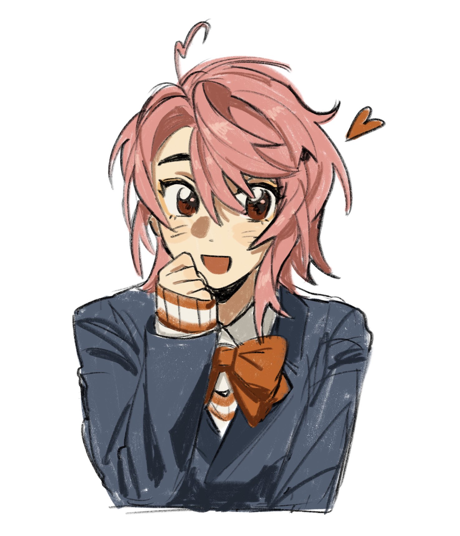 96a5b0, shiratori aira (dandadan), dandadan, commentary, english commentary, highres, 1girl, ahoge, blue jacket, blush, bow, bowtie, cropped torso, hair between eyes, hand on own cheek, hand on own face, heart, heart ahoge, jacket, medium hair, open mouth, pink hair, red bow, red bowtie, red eyes, school uniform, smile, solo, striped clothes, striped sweater, suit jacket, sweater, upper body, white background