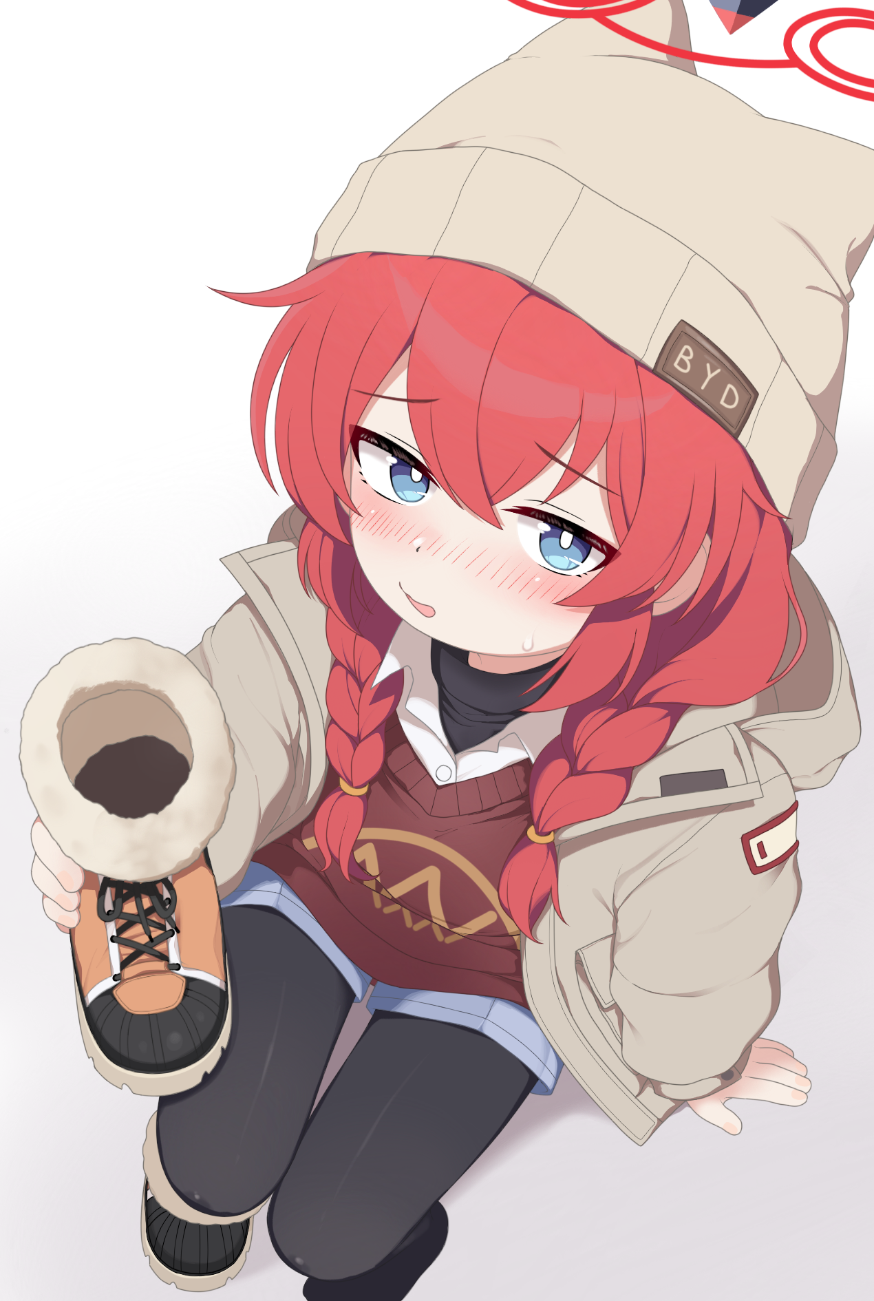 didac fantasy, maki (blue archive), maki (camp) (blue archive), blue archive, chinese commentary, commentary request, highres, 1girl, beanie, black pantyhose, blue eyes, blue shorts, blush, braid, collared shirt, grey hat, grey jacket, halo, hat, holding, holding shoes, holding unworn clothes, invisible chair, jacket, long hair, looking at viewer, nose blush, official alternate costume, open mouth, pantyhose, pantyhose under shorts, red hair, red halo, red sweater, shirt, shoes, shorts, simple background, sitting, solo, sweater, twin braids, unworn shoes, white shirt