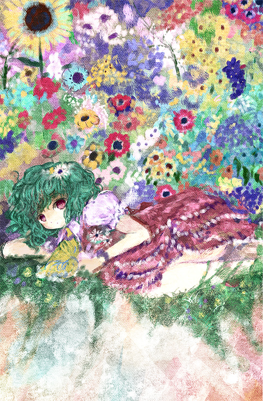 amii, kazami yuuka, touhou, bad id, bad pixiv id, 1girl, colorful, dress, female focus, flower, green hair, hair flower, hair ornament, lying, puffy sleeves, red eyes, short hair, solo, sunflower