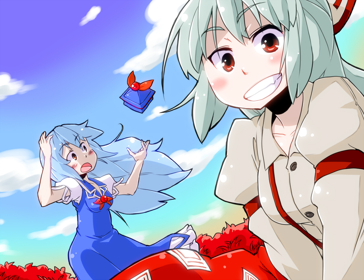 aono3, fujiwara no mokou, kamishirasawa keine, touhou, silver hair, 2girls, blush, bow, female focus, grin, hair bow, hair ribbon, hat, long hair, multiple girls, red eyes, ribbon, smile, suspenders, wind
