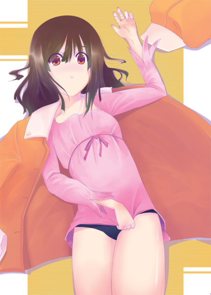 hachito hajime, sengoku nadeko, bakemonogatari, monogatari (series), resized, blush, bottomless, brown hair, coat, flat chest, hat, newsboy cap, no pants, panties, pixiv thumbnail, red eyes, ribbon, solo, underwear