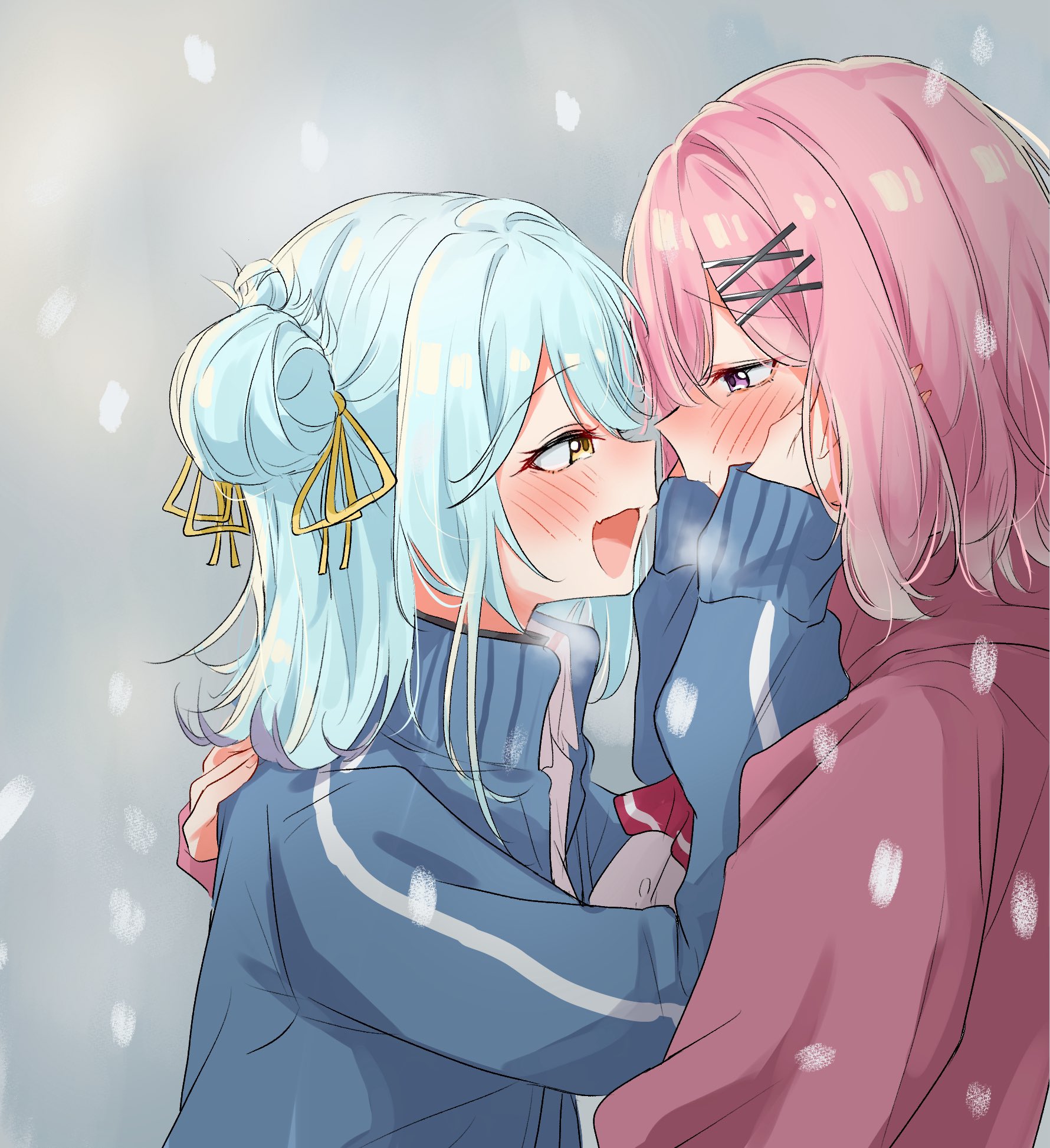nuooooodoomo, amaori renako, koyanagi kaho, watashi ga koibito ni nareru wake naijan murimuri!, commentary request, highres, 2girls, ashigaya high school uniform, blue hair, blue jacket, blush, collared shirt, eye contact, fang, hair bun, hand on another's back, hands on another's face, hood, hoodie, jacket, looking at another, medium hair, multiple girls, open mouth, outdoors, pink hair, pink hoodie, school uniform, shirt, single side bun, skin fang, smile, snowing, track jacket, white shirt, yellow eyes, yuri