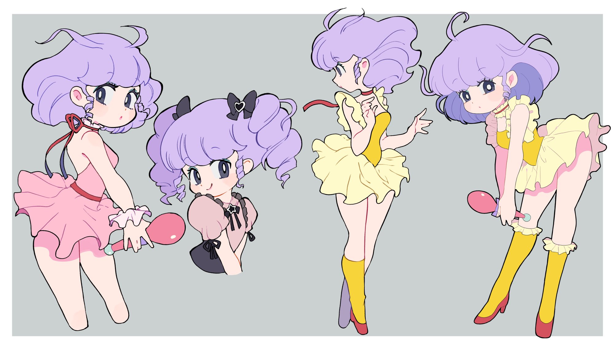 miyata (lhr), creamy mami, mahou no tenshi creamy mami, commentary, highres, 1girl, bare shoulders, belt, black bow, black eyes, black ribbon, border, bow, choker, closed mouth, cropped torso, deformed, dress, drill hair, drill sidelocks, frilled choker, frilled dress, frilled socks, frilled wrist cuffs, frills, full body, grey background, hair bow, hands up, high heels, holding, holding microphone, kneehighs, leaning forward, leotard, looking at viewer, looking to the side, medium hair, microphone, multiple views, neck ribbon, outside border, pink dress, pink shirt, puffy short sleeves, puffy sleeves, purple hair, red belt, red choker, red ribbon, red shoes, ribbon, ribbon choker, shirt, shoes, short dress, short sleeves, sidelocks, skirt, sleeveless, sleeveless dress, smile, socks, standing, star (symbol), turning head, twin drills, twintails, white border, wrist cuffs, yellow leotard, yellow skirt, yellow socks