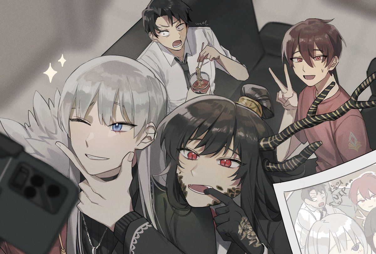 lobpoint 72, angelica (project moon), lowell (project moon), roland (project moon), xiao (project moon), library of ruina, project moon, bad id, bad twitter id, commentary request, inactive account, 2boys, 2girls, black gloves, black sweater, blue eyes, brown hair, coat, couch, dragon horns, eastern dragon horns, eating, food, gloves, hand up, horns, long hair, multiple boys, multiple girls, noodles, one eye closed, open mouth, parted lips, red coat, red eyes, red hair, sidelocks, smile, sweater, v, very long hair, white hair