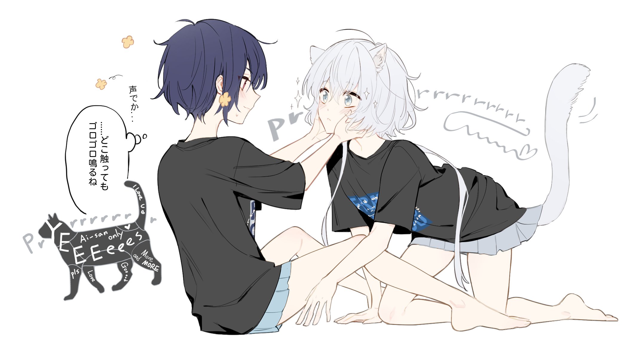 kuma (bloodycolor), konno junko, mizuno ai, zombie land saga, commentary request, highres, translation request, 2girls, animal ears, barefoot, between legs, black shirt, blue hair, blush, cat ears, cat girl, cat tail, grey eyes, grey skirt, kemonomimi mode, looking at another, multiple girls, pleated skirt, red eyes, shirt, short hair, simple background, skirt, sparkle, speech bubble, sweat, tail, thought bubble, white background, white hair, yuri