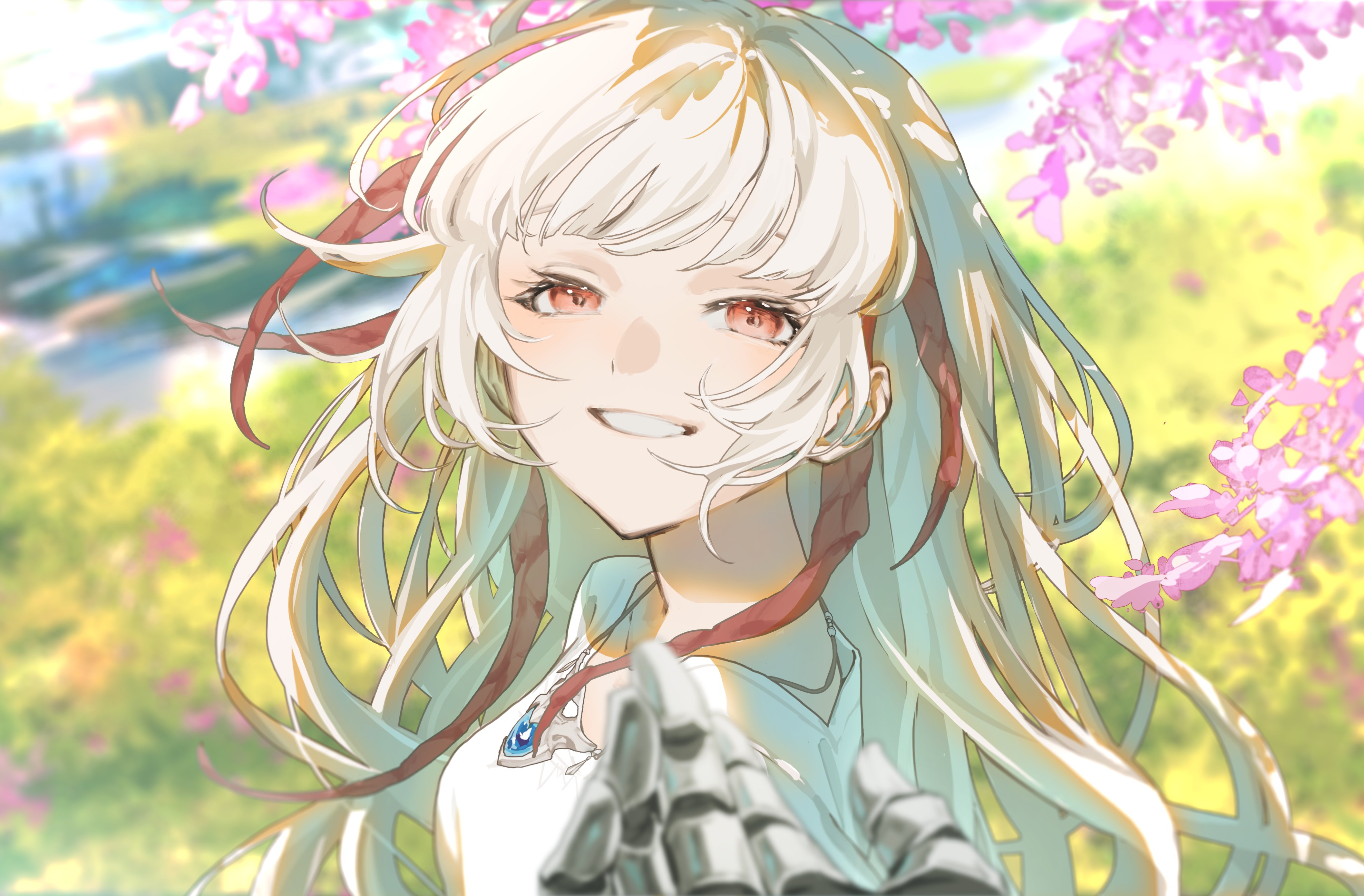 masu0o0, lily (ender lilies), umbral knight (ender lilies), ender lilies quietus of the knights, absurdres, commentary request, highres, 1boy, 1girl, dress, jewelry, long hair, nature, pendant, petals, pov, red eyes, smile, solo focus, sunlight, tendril, upper body, white dress, white hair