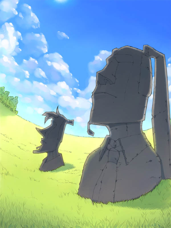 akinbo (hyouka fuyou), hatsune miku, kagamine len, vocaloid, bad id, bad pixiv id, easter island, grass, headset, moai, necktie, no humans, parody, scenery, statue, twintails