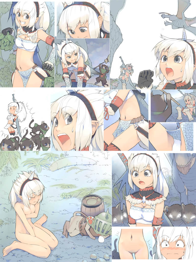 akinbo (hyouka fuyou), felyne, gypceros, melynx, capcom, monster hunter (series), 1girl, animal, bandeau, barefoot, bent over, black eyes, blush, breasts, cleavage, comic, covering privates, elbow gloves, feet, gloves, grin, headband, horns, kirin (armor), loincloth, long hair, midriff, navel, nude, nude cover, single horn, smile, strapless, sweatdrop, sword, thighhighs, toes, tube top, weapon, white hair