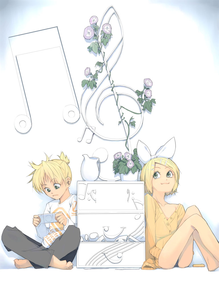 akinbo (hyouka fuyou), kagamine len, kagamine rin, vocaloid, bad id, bad pixiv id, 1boy, 1girl, barefoot, blonde hair, brother and sister, flower, frown, green eyes, hair ornament, hair ribbon, hairclip, handheld game console, musical note, playstation portable, ribbon, short hair, siblings, sitting, smile, twins