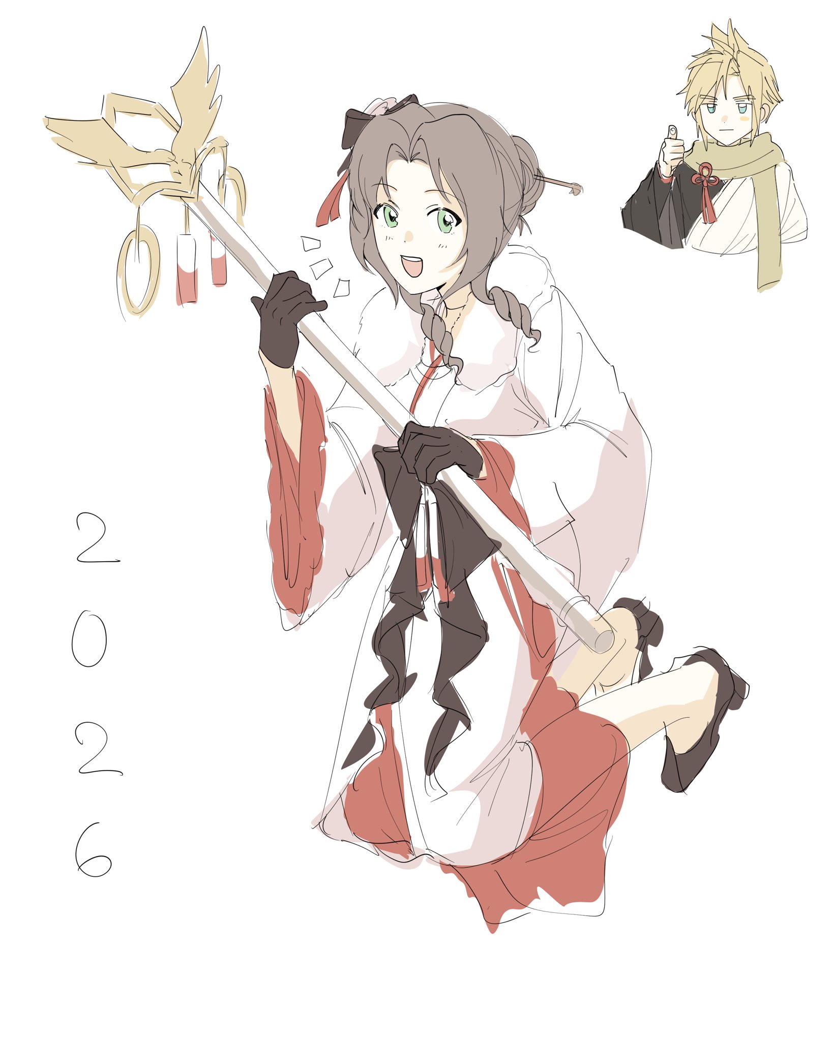 aerith gainsborough, aerith gainsborough (festive crimson attire), cloud strife, cloud strife (official festive garb), final fantasy, final fantasy vii, final fantasy vii: ever crisis, commentary request, highres, korean commentary, 1boy, 1girl, 2026, aet ykt, black gloves, black shoes, blonde hair, bow, cropped torso, flower, flower knot, fur-trimmed kimono, fur trim, furisode, gloves, green eyes, hair bow, hair bun, hair flower, hair ornament, happy new year, holding, holding staff, japanese clothes, kimono, long hair, new year, official alternate costume, open mouth, parted bangs, scarf, shoes, short hair, sidelocks, sketch, smile, spiked hair, staff, thumbs up, updo, white kimono, yellow scarf