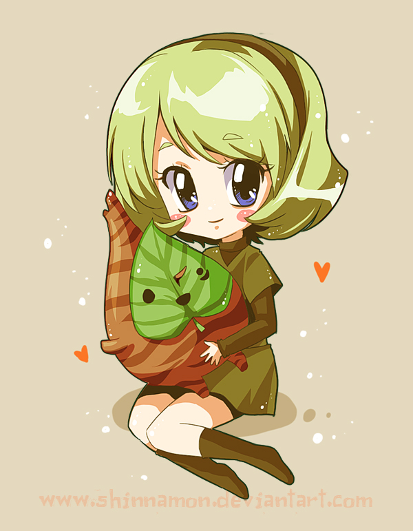 korok, makar, saria (zelda), nintendo, the legend of zelda, the legend of zelda: ocarina of time, the legend of zelda: the wind waker, 1girl, green hair, hairband, heart, kokiri, pointy ears, shinnamon, short hair