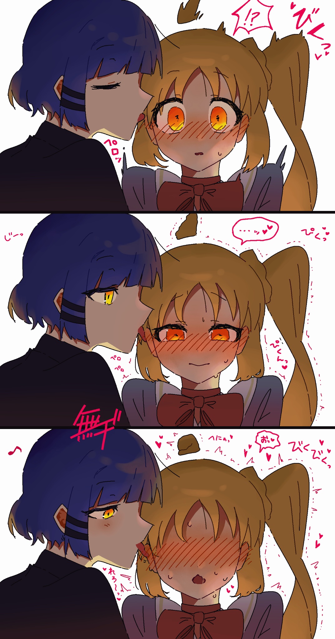 ijichi nijika, yamada ryo, bocchi the rock!, commentary request, highres, 04rerec, 2girls, ahoge, black shirt, blonde hair, blue eyes, blue hair, blush, bow, bowtie, closed eyes, ear blush, ear licking, licking, long hair, multiple girls, no eyes, orange eyes, red bow, red bowtie, shirt, short hair, side ponytail, simple background, sweat, white background, yuri