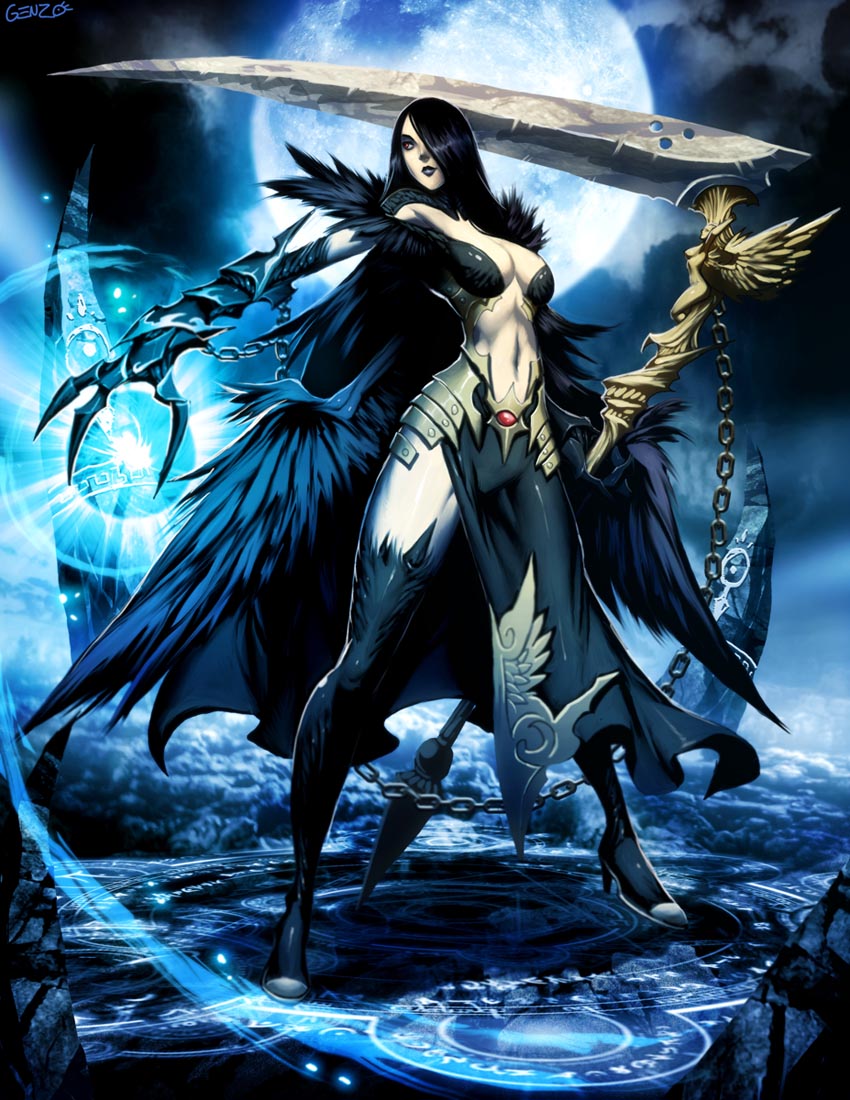 genzoman, lotus ravenmoore, castle age, 1girl, bare shoulders, black hair, breasts, chain, cleavage, female focus, large breasts, long hair, scythe, solo, wings