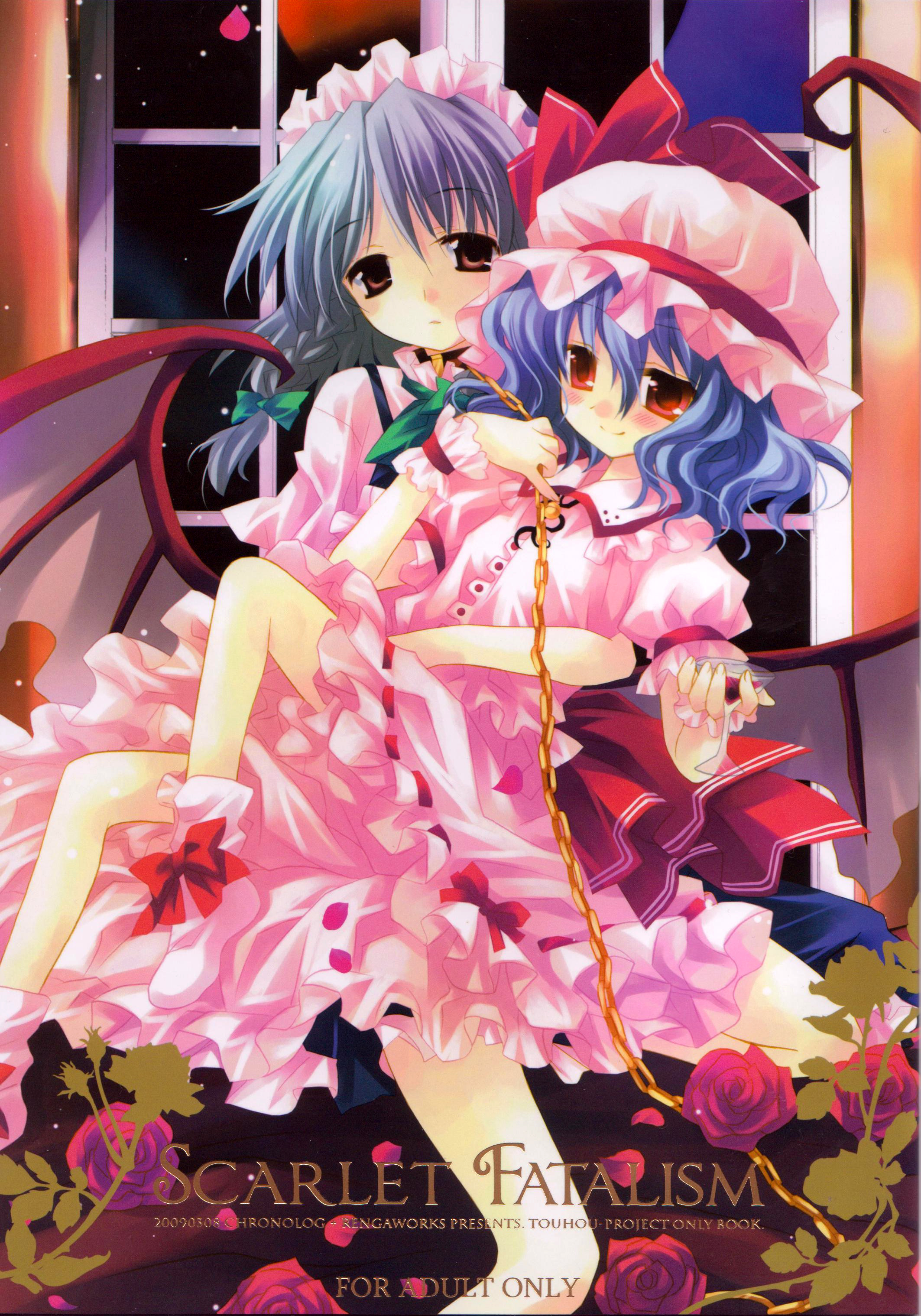 kijima renga, sakurazawa izumi, izayoi sakuya, remilia scarlet, embodiment of scarlet devil, touhou, absurdres, highres, 2girls, bat wings, blue hair, cup, drinking glass, female focus, flower, hat, maid, maid headdress, multiple girls, red eyes, rose, wine glass, wings