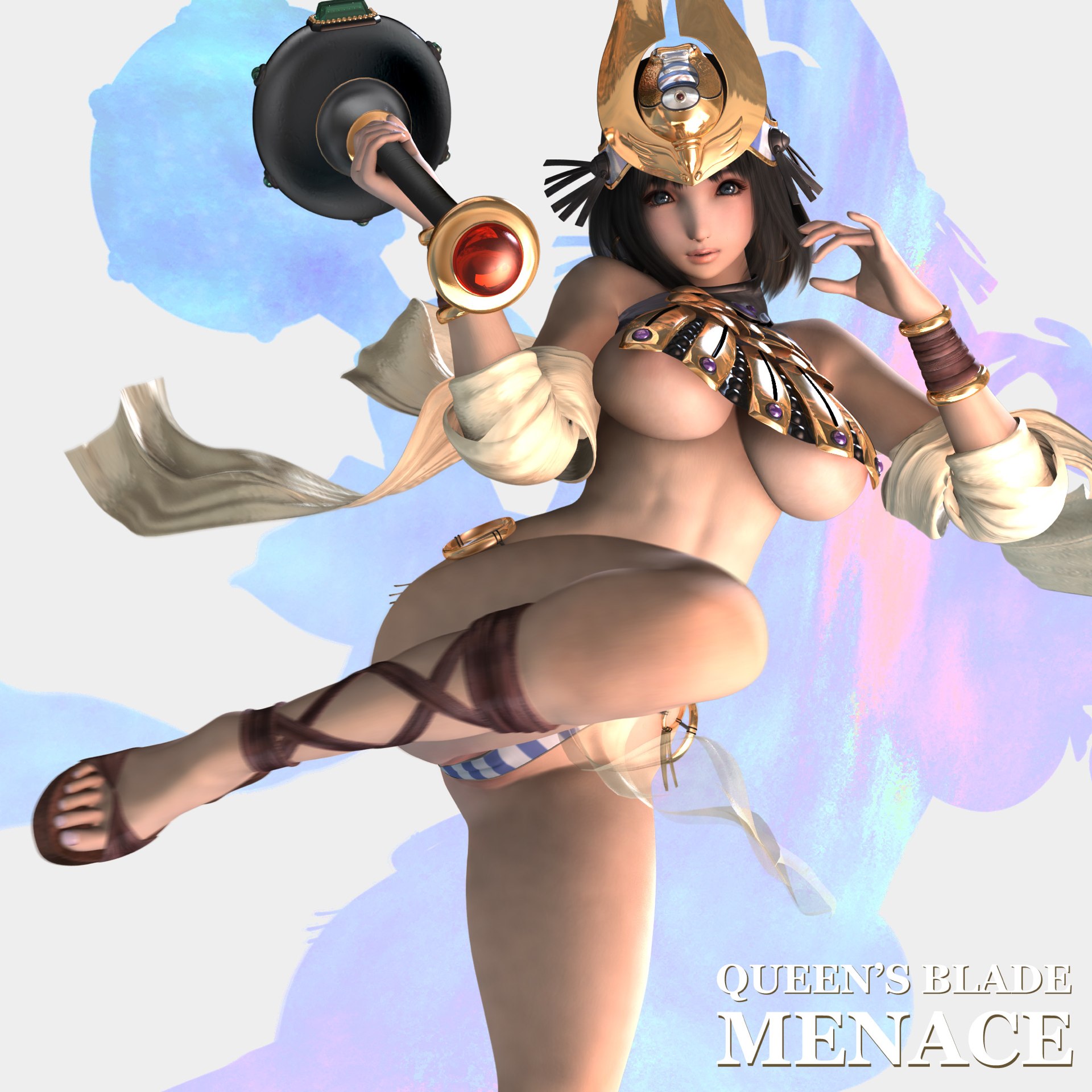 hinemaru, menace, queen's blade, highres, 3d, abs, breasts, large breasts, short hair, stripe panties