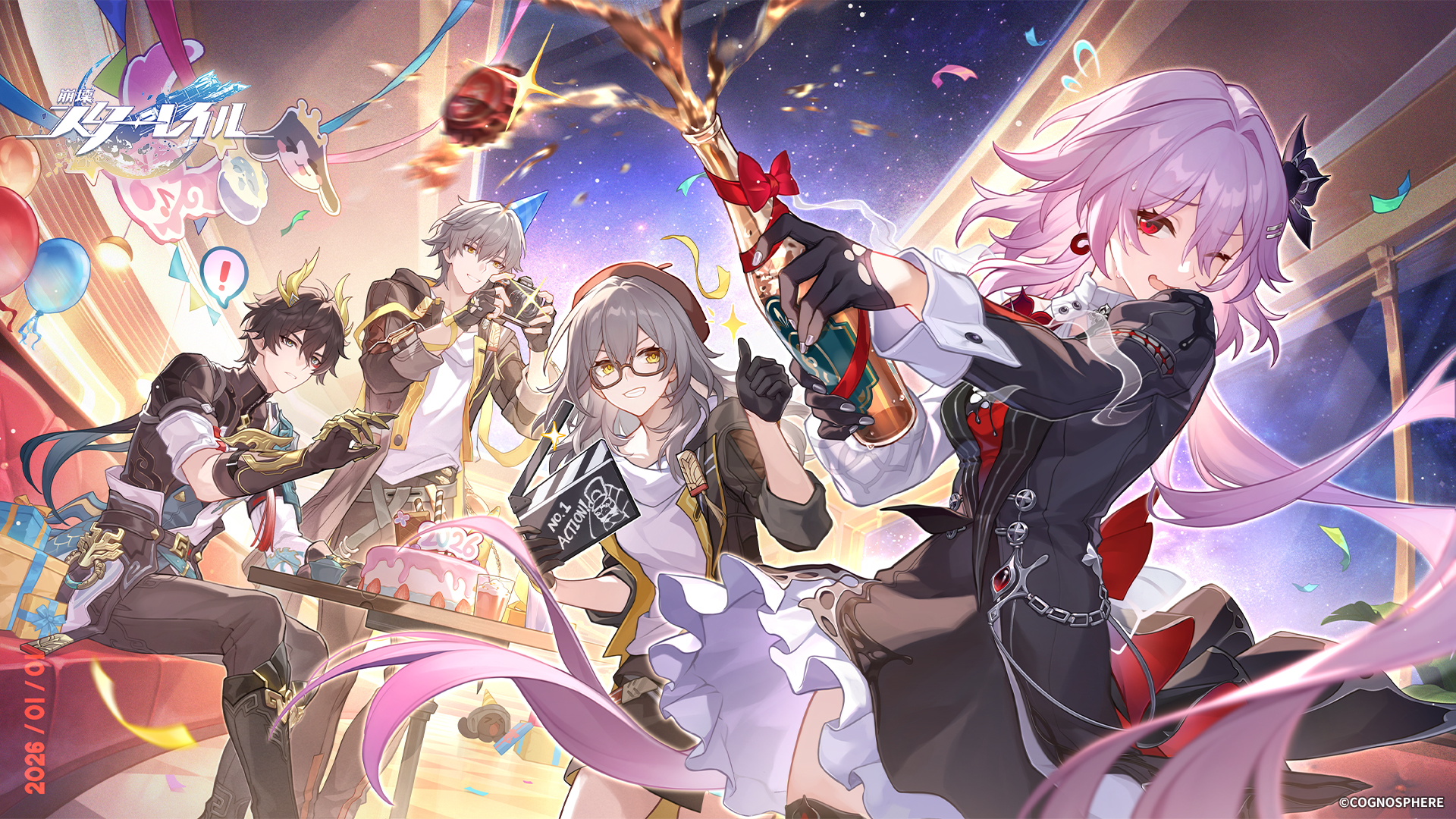 caelus (honkai: star rail), dan heng (honkai: star rail), dan heng (permansor terrae) (honkai: star rail), evernight (honkai: star rail), march 7th (honkai: star rail), pom-pom (honkai: star rail), stelle (honkai: star rail), trailblazer (honkai: star rail), honkai: star rail, honkai (series), commentary request, highres, official art, promotional art, !, 2boys, 2girls, alcohol, balloon, beret, bespectacled, black dress, black flower, black gloves, black hair, black hat, black jacket, black pants, black shirt, black skirt, bottle, bottle cap, cake, camera, champagne, clapperboard, copyright name, copyright notice, dated, dragon horns, dress, earrings, elbow gloves, fingerless gloves, flower, food, glasses, gloves, green eyes, grey hair, grin, hair between eyes, hair flower, hair ornament, happy new year, hat, holding, holding bottle, holding camera, horns, indoors, jacket, jewelry, long hair, multiple boys, multiple girls, new year, one eye closed, pants, pink hair, red eyes, shirt, short hair, sitting, skirt, smile, taking picture, thumbs up, very long hair, white shirt, yellow eyes, yellow horns