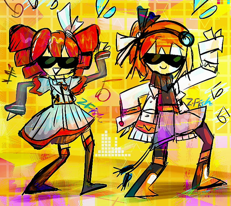 adachi rei, kasane teto, kasane teto (sv), a.i. voice, synthesizer v, commentary, english commentary, 2girls, dancing, glasses, hairband, jacket, multiple girls, orange hair, red hair, skirt, sunglasses, white jacket, yellow background, zemi aquatic