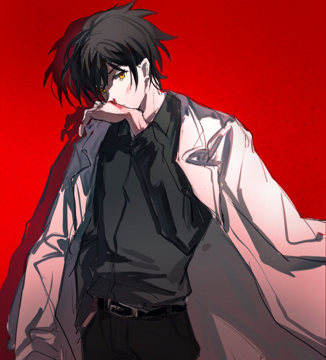 ayin (project moon), lobotomy corporation, project moon, chinese commentary, commentary request, highres, 1boy, belt, black belt, black hair, black pants, black shirt, blood, coat, coat on shoulders, collared shirt, cowboy shot, izayoitenkane, lab coat, lapels, looking at viewer, male focus, nosebleed, notched lapels, pants, red background, shirt, simple background, solo, white coat, wiping blood, yellow eyes