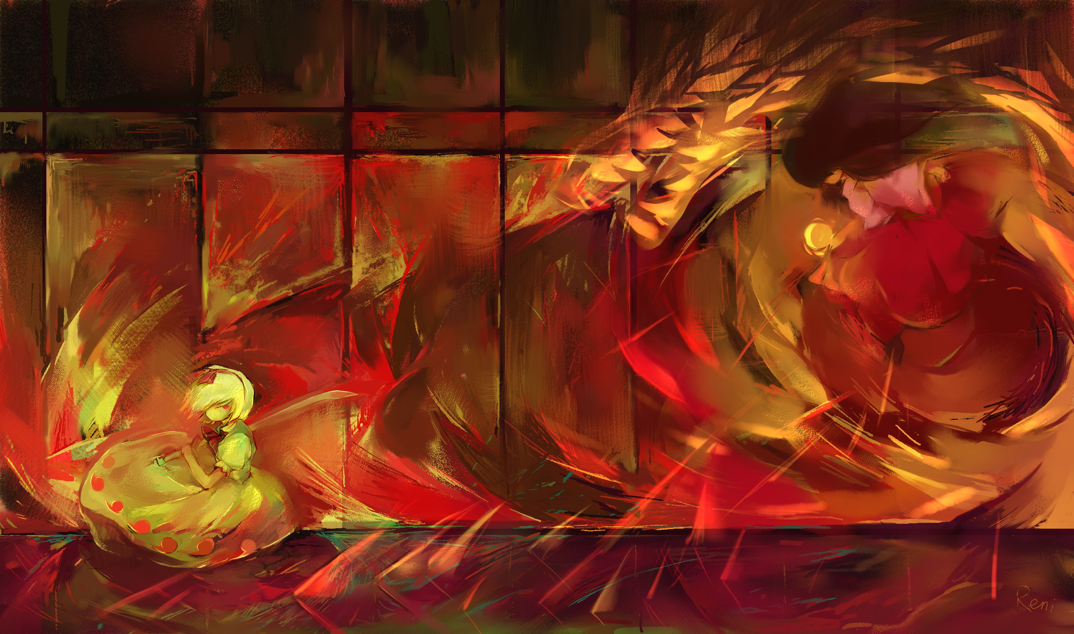 tsuuyakukan reni, houraisan kaguya, konpaku youmu, touhou, bad id, bad pixiv id, highres, 2girls, battle, danmaku, female focus, katana, multiple girls, sword, weapon