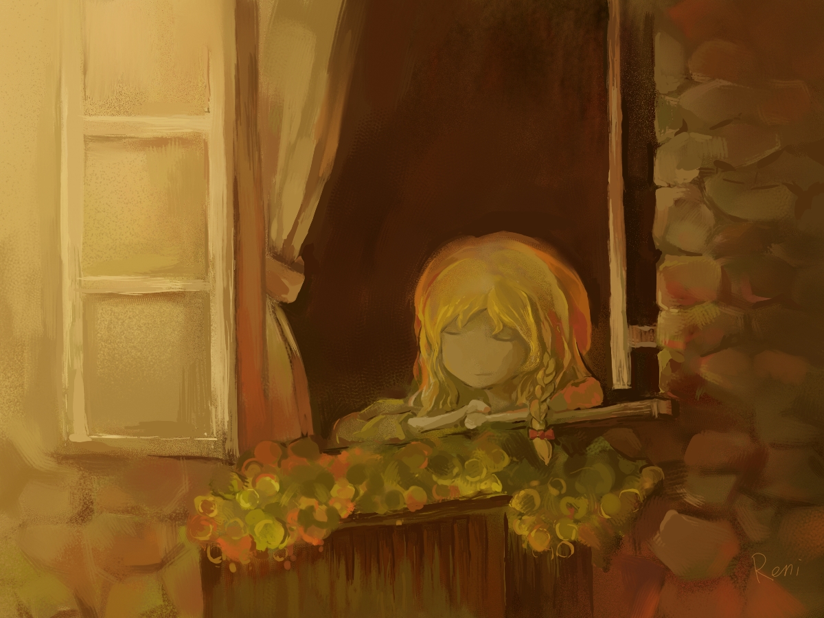 tsuuyakukan reni, kirisame marisa, touhou, bad id, bad pixiv id, 1girl, blonde hair, braid, closed eyes, female focus, flower, hair ribbon, indoors, outdoors, ribbon, solo, window