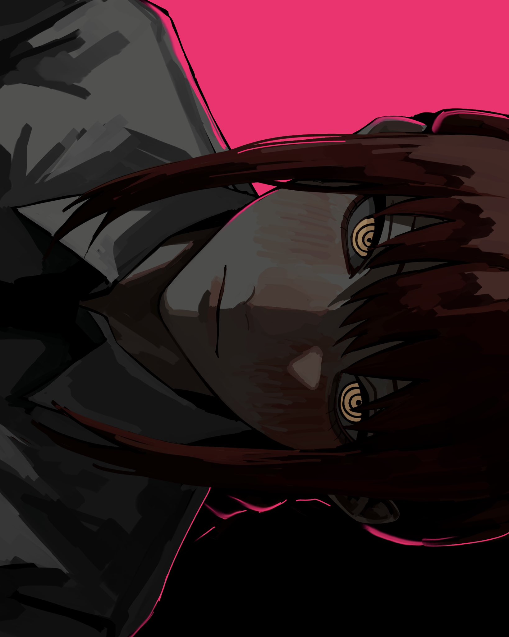 makima (chainsaw man), chainsaw man, commentary request, highres, 1girl, 3icxjemhky66253, black necktie, blush, braid, closed mouth, collared shirt, glowing, glowing eyes, hair between eyes, looking at viewer, necktie, pink background, red hair, ringed eyes, shirt, sidelocks, single braid, solo, upper body, white shirt, yellow eyes