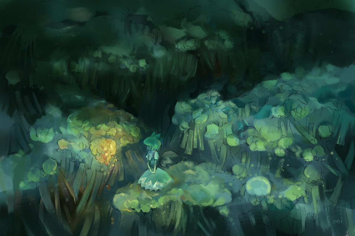 tsuuyakukan reni, cirno, embodiment of scarlet devil, touhou, bad id, bad pixiv id, 1girl, dress, female focus, from side, green background, green theme, nature, pinafore dress, sleeveless dress, solo