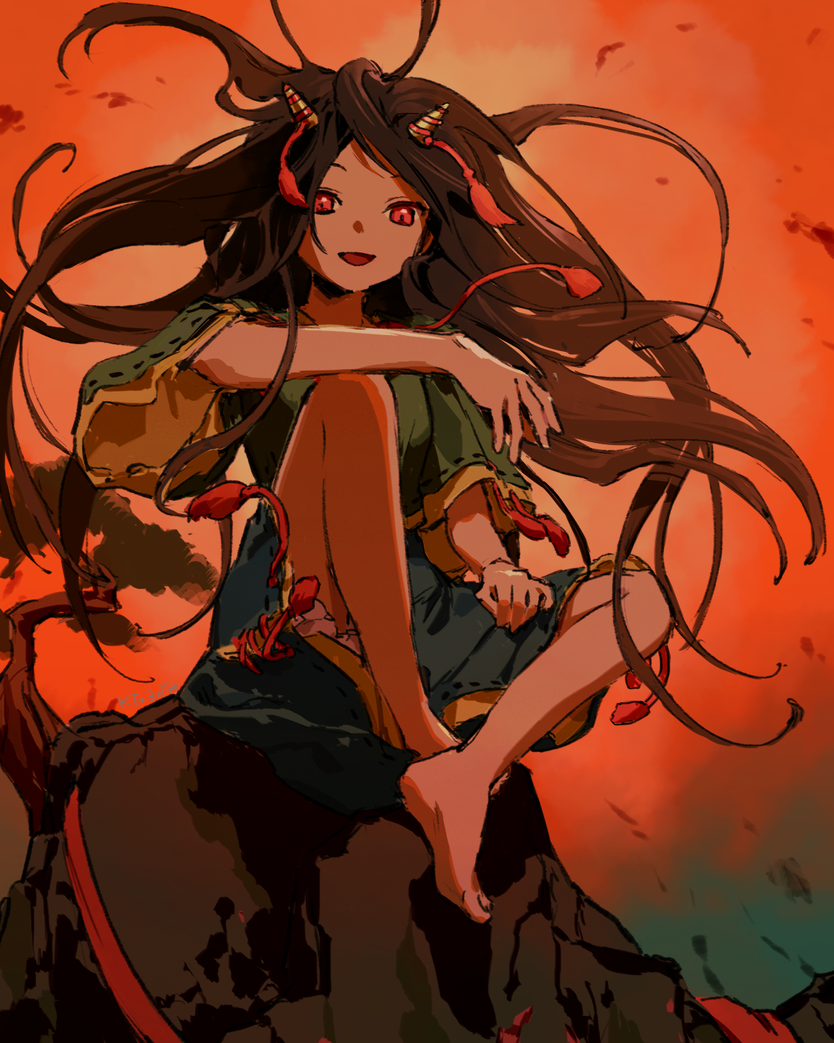 kaigen 1025, nippaku zanmu, touhou, commentary request, highres, 1girl, arm on knee, barefoot, black hair, blue shorts, full body, green shirt, long hair, looking at viewer, parted lips, red eyes, shirt, short sleeves, shorts, sitting, small horns, smile, solo
