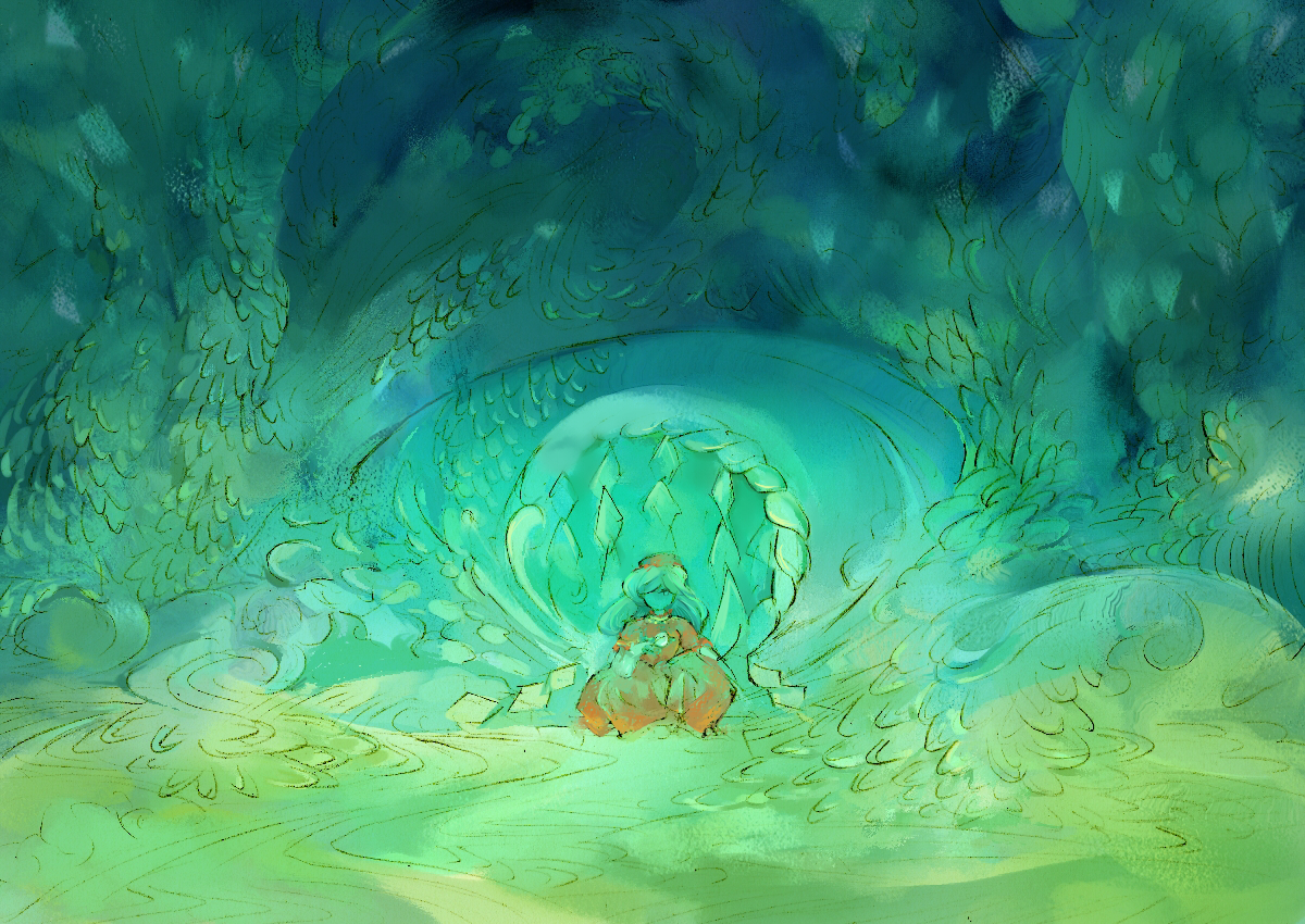 tsuuyakukan reni, yasaka kanako, touhou, bad id, bad pixiv id, 1girl, female focus, forest, green theme, hat, japanese clothes, leaf, long hair, looking at viewer, mirror, nature, on ground, plant, red hat, rope, shide, shimenawa, sitting, sketch, smoke, solo, tree, vines