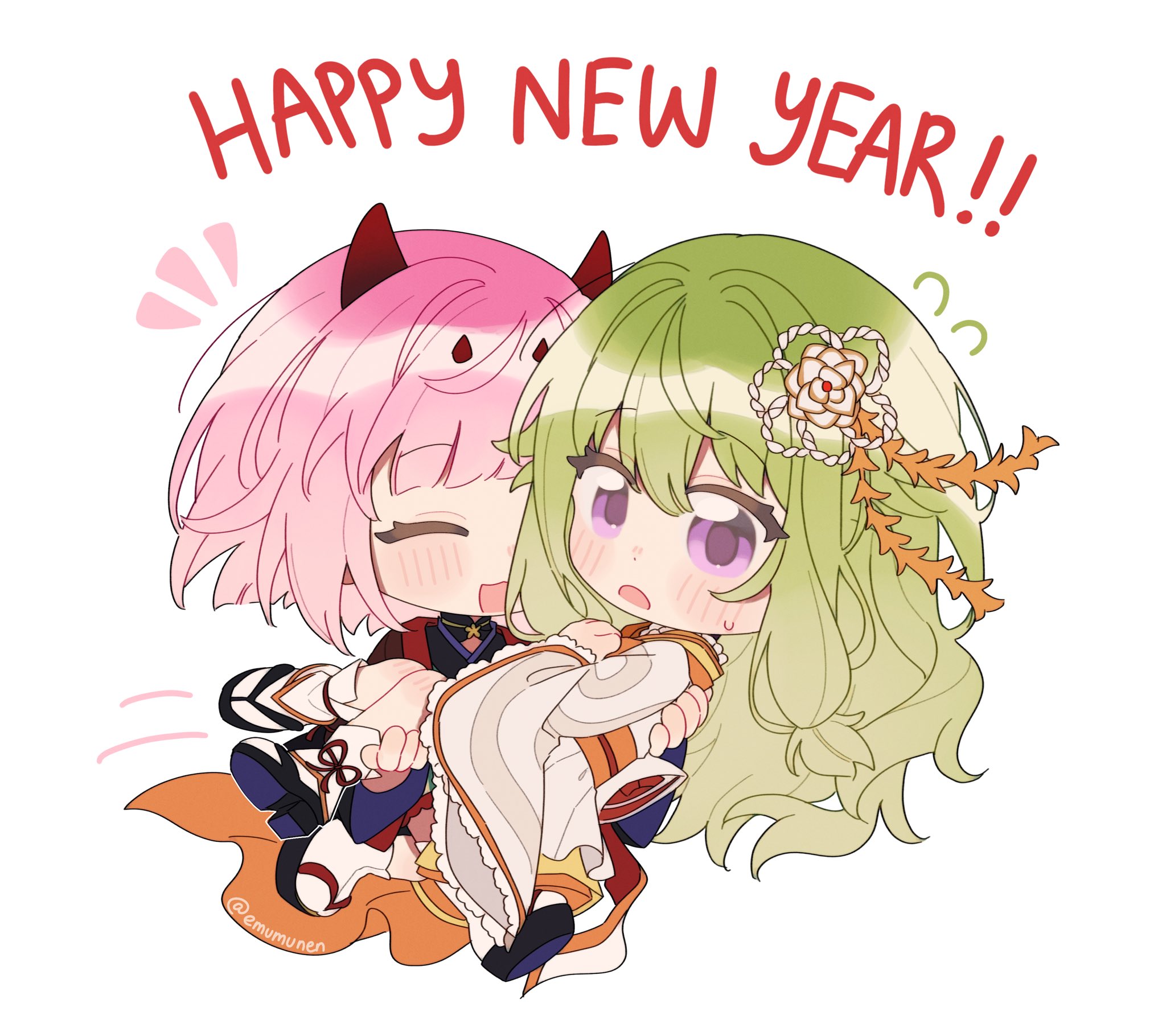 the coconutnut, kusanagi nene, ootori emu, project sekai, commentary, english commentary, highres, 2girls, blush, carrying, chibi, flying sweatdrops, green hair, happy new year, japanese clothes, kimono, long hair, medium hair, multiple girls, new year, open mouth, pink hair, princess carry, purple eyes, shirt, sweat, tabi, twitter username, white background, white kimono, white shirt