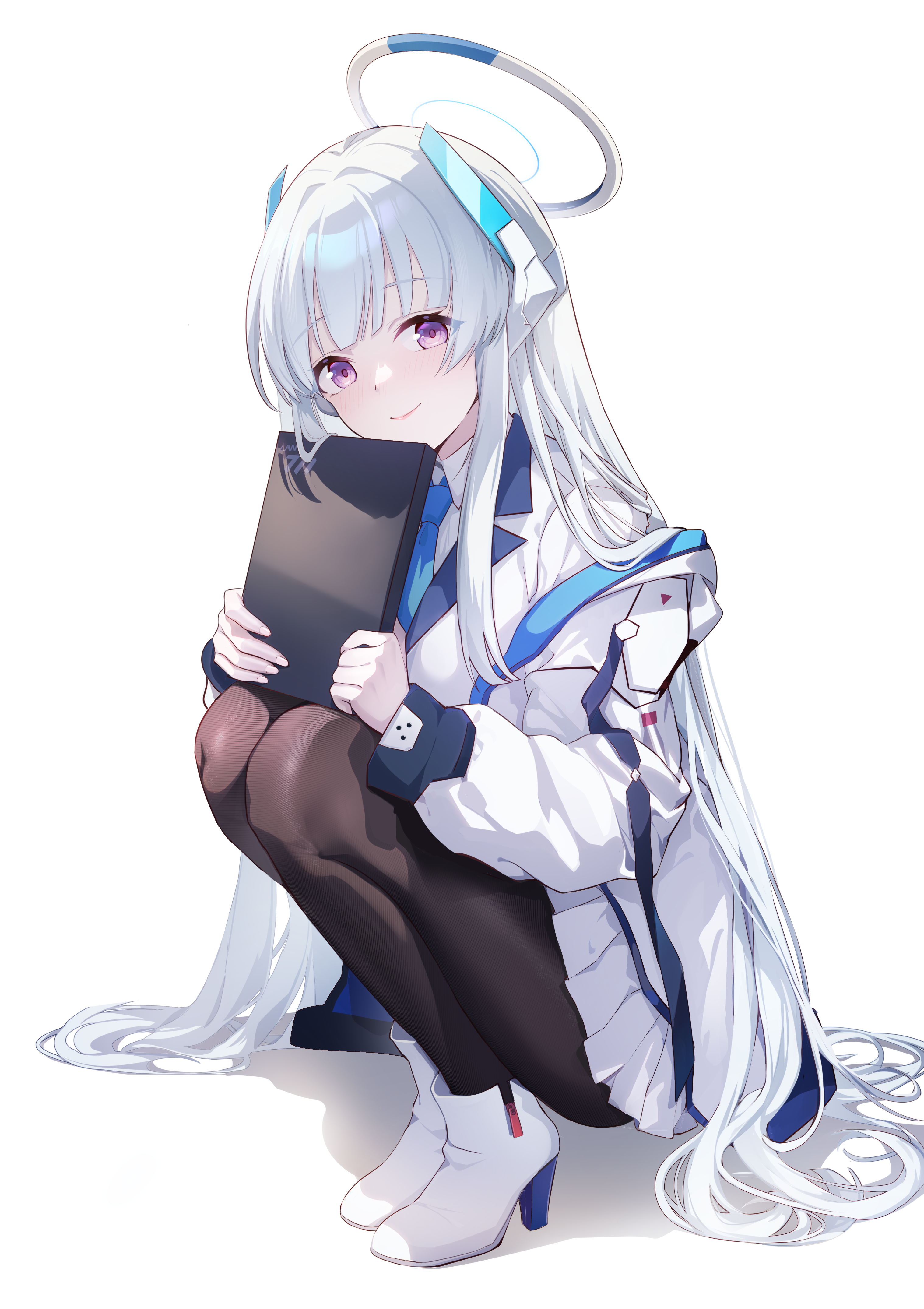lingshalan, noa (blue archive), blue archive, absurdres, commentary request, highres, 1girl, black pantyhose, blue necktie, book, boots, collared shirt, day, halo, head tilt, headgear, high heel boots, high heels, holding, holding book, indoors, jacket, knees to chest, legs, long hair, looking at viewer, mechanical halo, millennium science school logo, miniskirt, necktie, off shoulder, pantyhose, purple eyes, shirt, sidelocks, skirt, solo, squatting, thighs, very long hair, white background, white hair, white halo, white jacket, white shirt, wing collar