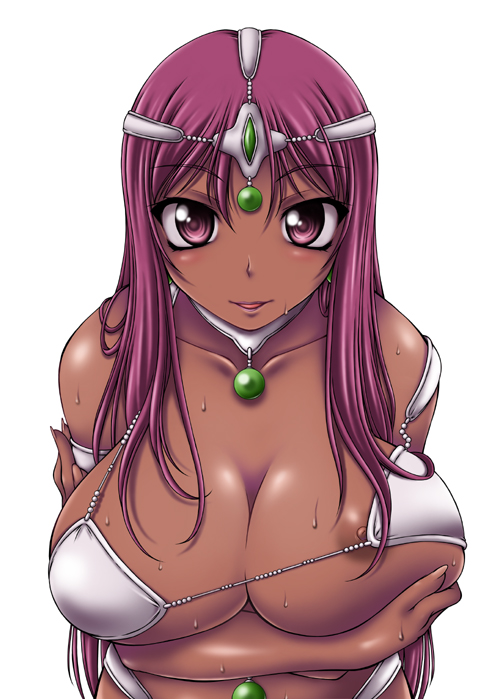 onizuka takuto, manya (dq4), chunsoft, dragon quest, dragon quest iv, enix, bad id, bad pixiv id, 1girl, breasts, brown eyes, cleavage, dark-skinned female, dark skin, female focus, huge breasts, jewelry, lots of jewelry, nipple slip, nipples, purple hair, solo, sweat