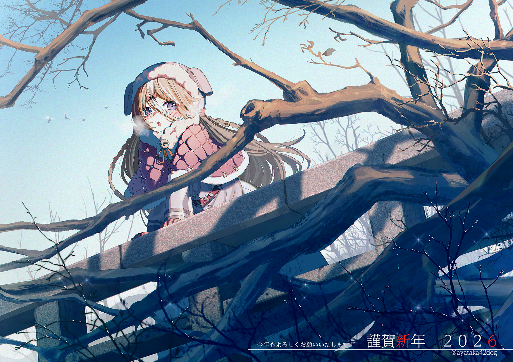 ayataka, original, commentary request, highres, translation request, 1girl, 2026, :o, against railing, animal ear headwear, artist name, bare tree, bell, belt, belt buckle, blue sky, blush, bow, breath, brown hair, buckle, capelet, day, dress, fake animal ears, fur-trimmed capelet, fur-trimmed headwear, fur trim, gloves, grey dress, hair between eyes, happy new year, hat, jingle bell, leaning forward, long hair, long hair between eyes, long sleeves, looking at viewer, new year, open mouth, outdoors, pink capelet, pink hat, purple eyes, railing, red bow, red gloves, red ribbon, ribbon, sky, sparkle, tree, twitter username, two side up, very long hair, winter