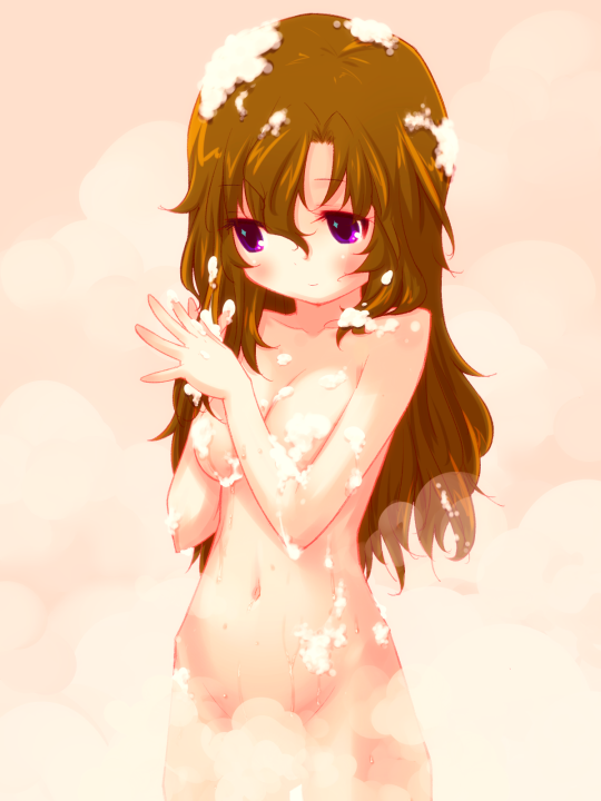 0123456789, mikogami nagisa, anyamal tantei kirumin zoo, 1girl, bathing, brown eyes, brown hair, censored, convenient censoring, female focus, navel, nude, soap bubbles, soap censor, solo