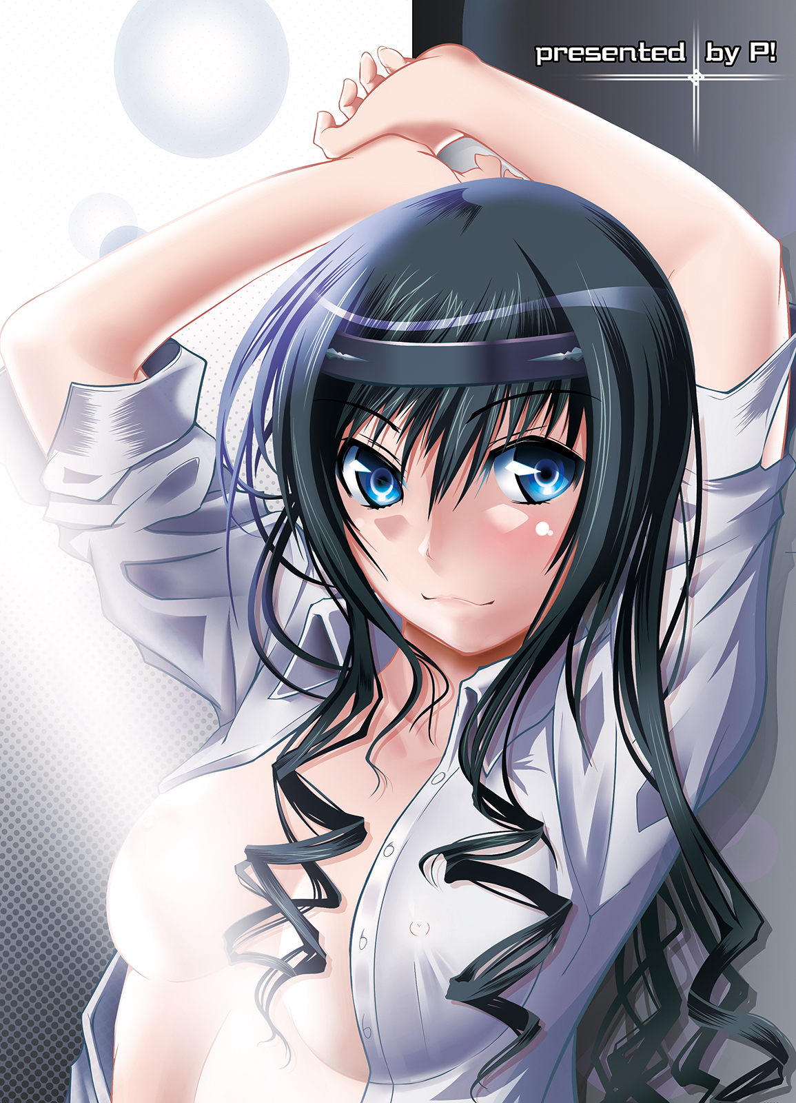 kurukuru (p!), morishima haruka, amagami, bad id, bad pixiv id, highres, 1girl, arms up, black hair, blue eyes, breasts, covered erect nipples, female focus, headband, large breasts, long hair, nipples, open clothes, open shirt, shirt, sleeves pushed up, solo