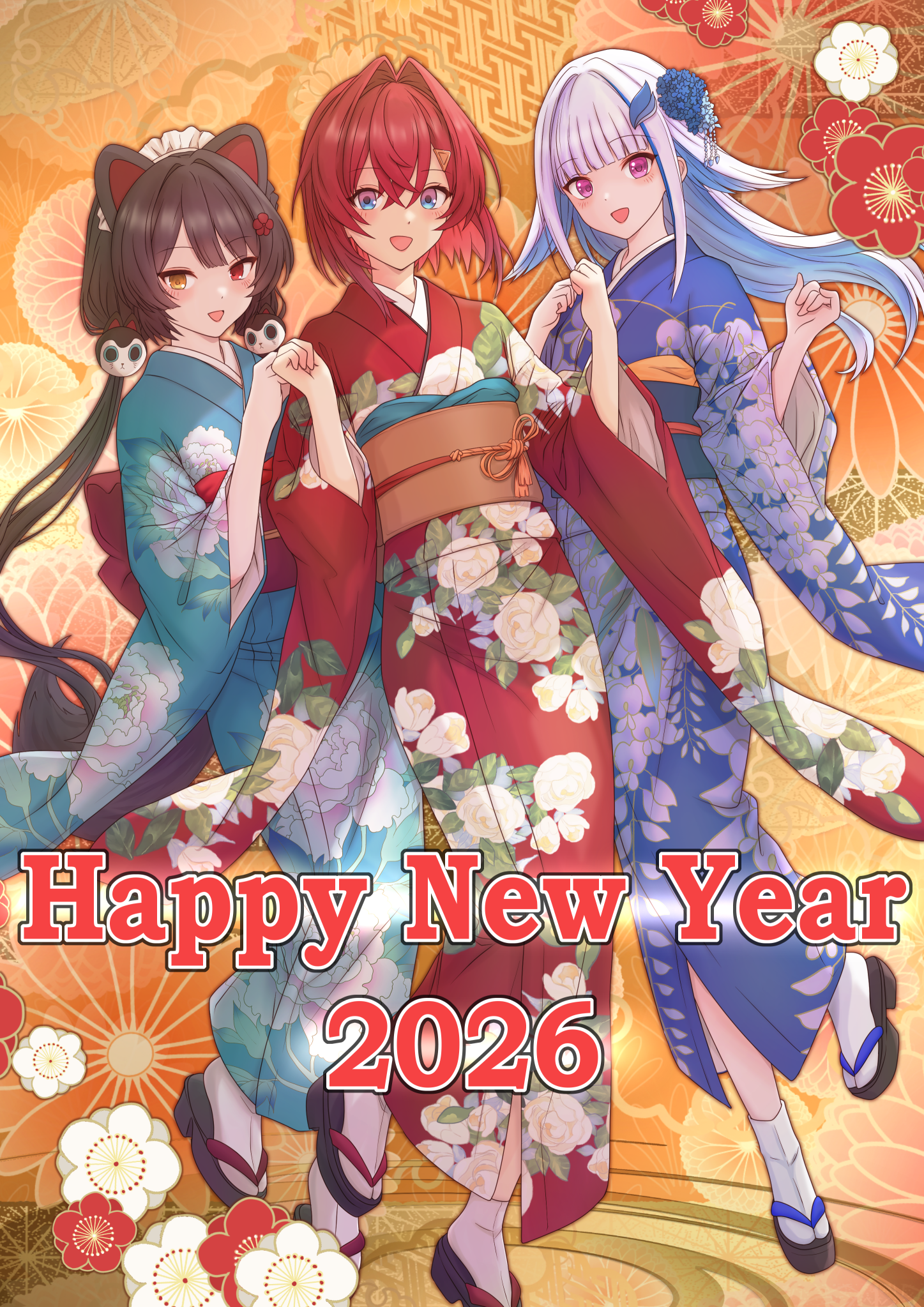 mikan mizu, ange katrina, inui toko, lize helesta, nijisanji, commentary request, highres, 2026, 3girls, :d, alternate costume, animal ears, animal hair ornament, aqua kimono, blue eyes, blue flower, blue hair, blue kimono, blue sash, blunt bangs, blush, brown hair, brown sash, brown tail, colored inner hair, crossed bangs, dog ears, dog girl, dog tail, english text, floral print, floral print kimono, flower, furisode, gradient eyes, group picture, hair between eyes, hair flower, hair intakes, hair ornament, hands up, happy new year, headband, heterochromia, japanese clothes, kanzashi, kimono, lips, long hair, long sidelocks, looking at viewer, low twintails, maid headdress, medium hair, multicolored eyes, multicolored hair, multiple girls, new year, obi, obiage, obijime, okobo, open mouth, orange background, platform sandals, print kimono, purple eyes, red eyes, red flower, red hair, red kimono, sanbaka (nijisanji), sandals, sash, sidelocks, smile, socks, standing, streaked hair, tabi, tail, three-quarter sleeves, triangle hair ornament, tsumami kanzashi, twintails, two-tone hair, very long hair, virtual youtuber, white flower, white hair, white headband, white socks, yellow eyes