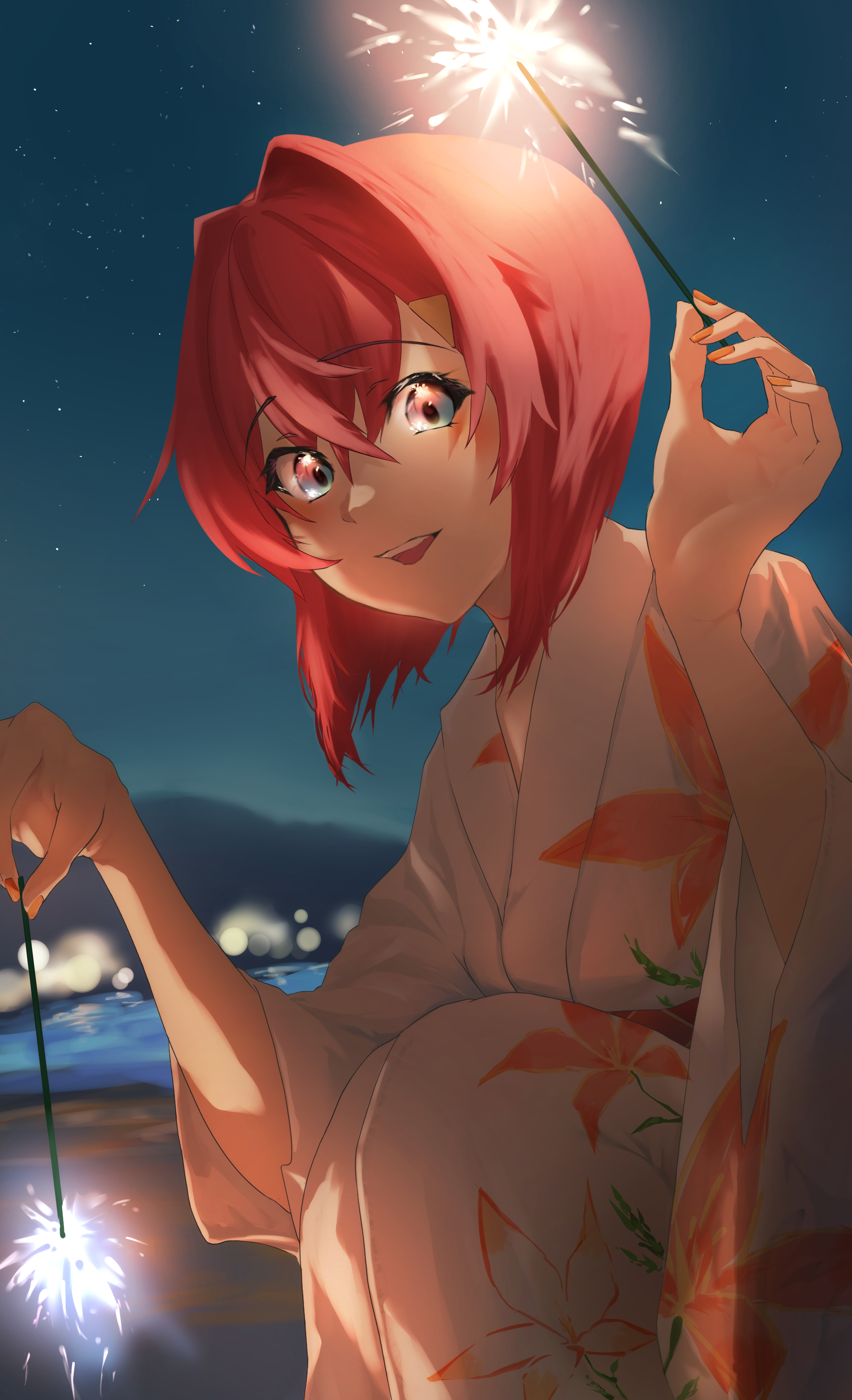 yamaotoko, ange katrina, ange katrina (new year), nijisanji, absurdres, hashtag-only commentary, highres, 1girl, adapted costume, blue eyes, blurry, blurry background, crossed bangs, double-parted bangs, eye reflection, feet out of frame, fireworks, floral print, floral print kimono, gradient eyes, hair between eyes, hair intakes, hands up, holding, holding fireworks, japanese clothes, kimono, looking at object, looking down, medium hair, multicolored eyes, nail polish, night, orange nails, outdoors, pink eyes, print kimono, red hair, reflection, senkou hanabi, sky, solo, sparkler, squatting, star (sky), starry sky, three-quarter sleeves, virtual youtuber, white kimono, yukata