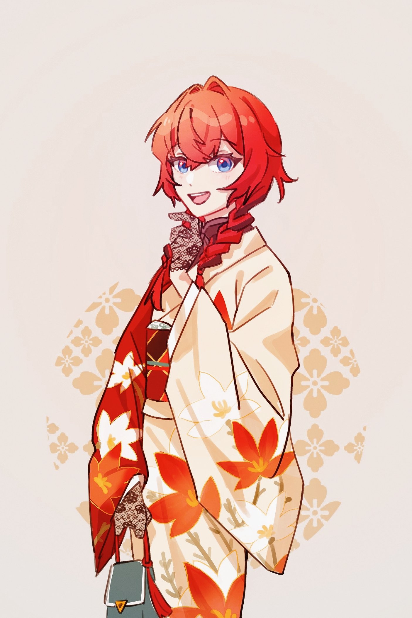 ange katrina, ange katrina (new year), nijisanji, commentary, highres, symbol-only commentary, 1girl, :d, aqua bag, bag, black gloves, black sash, blue eyes, braid, brown hair, cowboy shot, crossed bangs, floral background, floral print, floral print kimono, gloves, gradient eyes, grey background, hair intakes, hair over shoulder, hand up, handbag, holding, holding bag, japanese clothes, kimono, lace, lace gloves, long hair, long sleeves, looking at viewer, low twin braids, multicolored eyes, multicolored hair, multicolored sash, obi, obiage, obijime, open mouth, orange sash, pink eyes, print kimono, red hair, red kimono, red sash, sash, smile, solo, spine dl, streaked hair, teeth, twin braids, two-tone hair, upper teeth only, virtual youtuber, white kimono