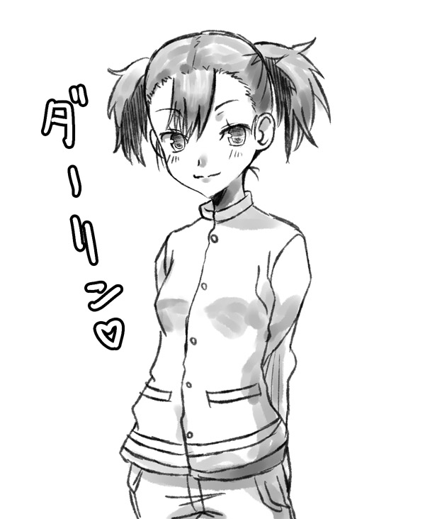 tamago, tamago (yotsumi works), kobayakawa rinko, love plus, 1girl, alternate hairstyle, female focus, greyscale, monochrome, short twintails, solo, twintails