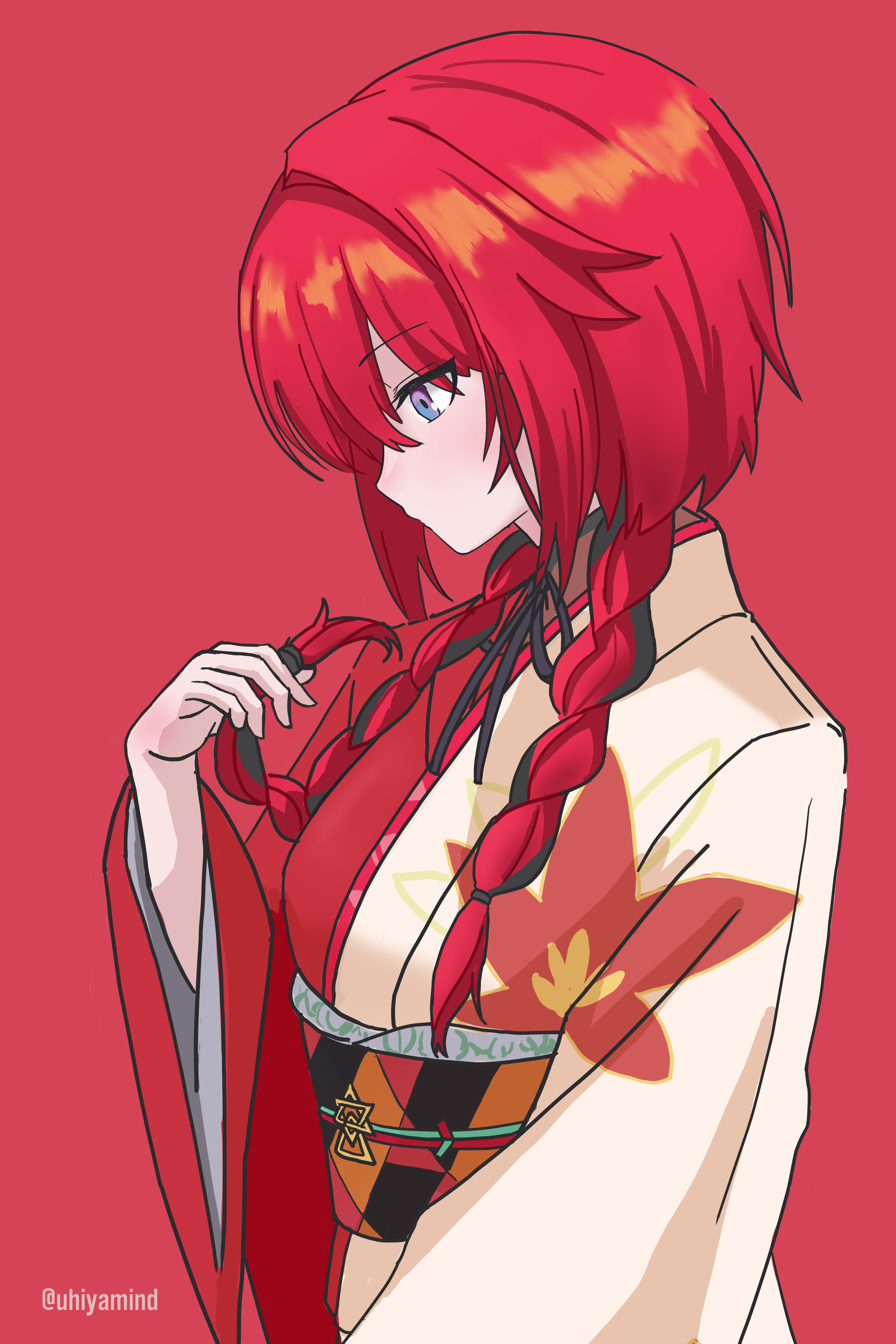 ange katrina, ange katrina (new year), nijisanji, absurdres, commentary request, highres, 1girl, black hair, black sash, blue eyes, blush, braid, breasts, dated commentary, floral print, floral print kimono, from side, gradient eyes, hair over shoulder, hand up, holding, holding own hair, japanese clothes, kimono, long bangs, long hair, long sleeves, looking down, low twin braids, multicolored eyes, multicolored hair, multicolored sash, obi, obiage, obidome, obijime, orange sash, print kimono, profile, purple eyes, red background, red hair, red kimono, red sash, sash, simple background, small breasts, solo focus, streaked hair, twin braids, twitter username, two-tone hair, uhiyama, upper body, virtual youtuber, white kimono