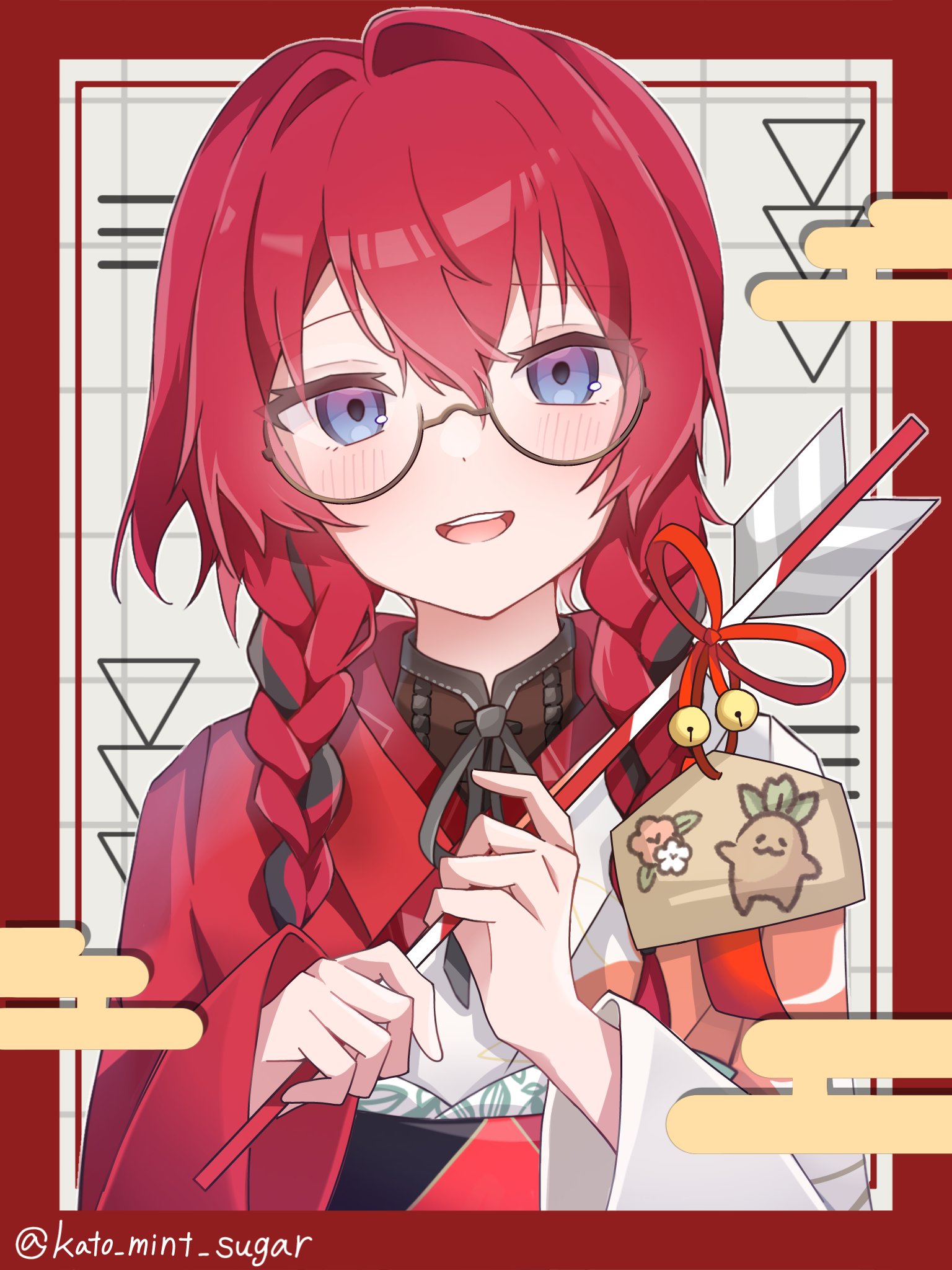 ange katrina, ange katrina (new year), mandragora (ange katrina), nijisanji, commentary request, highres, 1girl, arrow (projectile), black hair, blue eyes, blush, border, braid, brown-framed eyewear, egasumi, ema, glasses, gradient eyes, grey background, grid background, hair between eyes, hair intakes, hair over shoulder, hamaya, hands up, head tilt, holding, holding arrow, japanese clothes, kato mint sugar, kimono, long bangs, long hair, long sleeves, looking at viewer, low twin braids, multicolored eyes, multicolored hair, new year, open mouth, purple eyes, red border, red hair, red kimono, round eyewear, semi-rimless eyewear, smile, solo, straight-on, streaked hair, teeth, twin braids, twitter username, two-tone hair, upper body, upper teeth only, virtual youtuber, white kimono