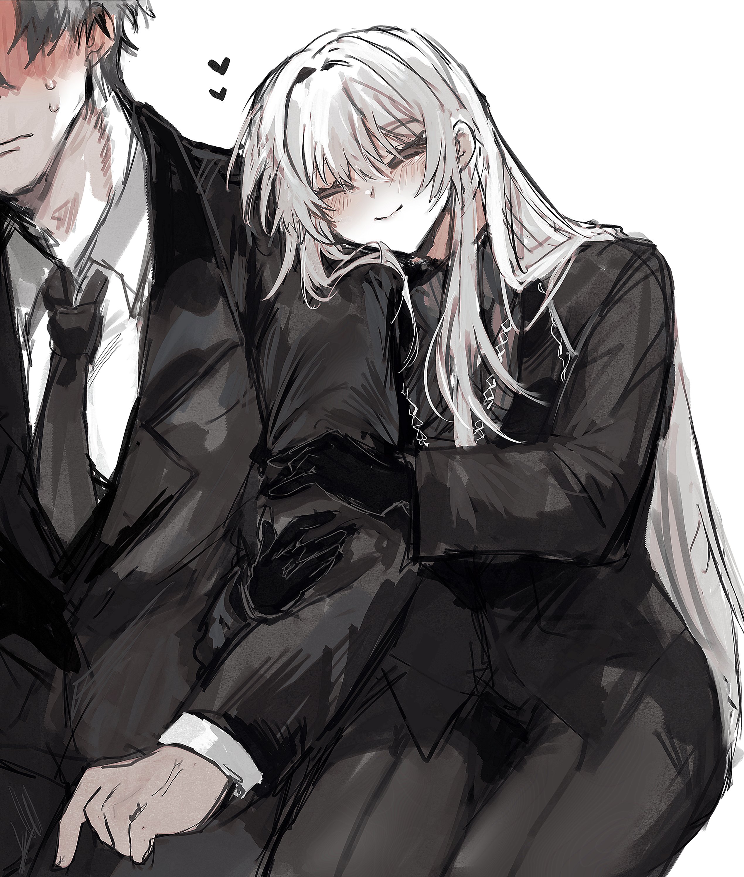 kisaaka, angelica (project moon), roland (project moon), library of ruina, project moon, absurdres, commentary request, highres, 1boy, 1girl, black gloves, black jacket, black pants, blush, closed eyes, closed mouth, formal clothes, gloves, heart, husband and wife, jacket, long hair, pants, simple background, sitting, suit, very long hair, white background, white hair