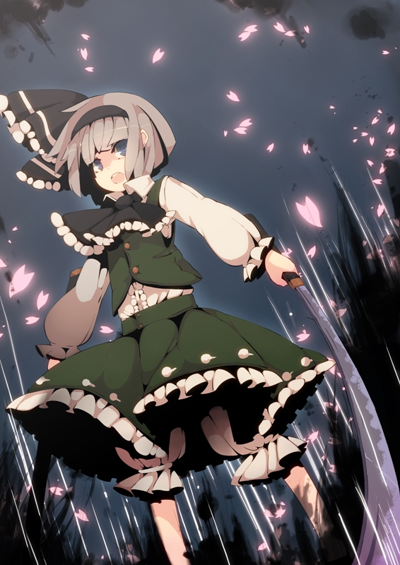 fuurin (omaemona), konpaku youmu, touhou, silver hair, bad id, bad pixiv id, 1girl, blue eyes, dual wielding, female focus, hairband, holding, katana, short hair, solo, sword, tanto, weapon