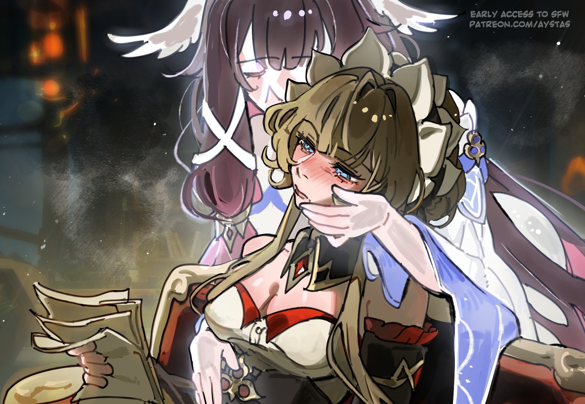 columbina (genshin impact), sandrone (genshin impact), genshin impact, hashtag-only commentary, highres, 2girls, aystas, bare shoulders, black corset, black hair, black hairband, black sleeves, blue eyes, blunt bangs, blurry, blurry background, blush, breasts, brown hair, buttons, closed eyes, closed mouth, corset, couch, covered mouth, detached collar, detached sleeves, dress, eye mask, feathered wings, frills, gem, gloves, gradient hair, hair between eyes, hair bun, hair ornament, hair tubes, hairband, half-closed eyes, hand on another's face, hand up, head wings, holding, holding paper, indoors, jewelry, kissing hair, lantern, lapels, lips, long hair, long sleeves, mask, medium breasts, multicolored hair, multiple girls, on couch, paper, pendant, pink hair, red gemstone, short hair with long locks, sidelocks, sitting, sleeveless, sleeveless dress, strapless, strapless dress, two-tone hair, upper body, white dress, white gloves, white headdress, white mask, white sleeves, wide sleeves, wing collar, wings, x hair ornament, yuri