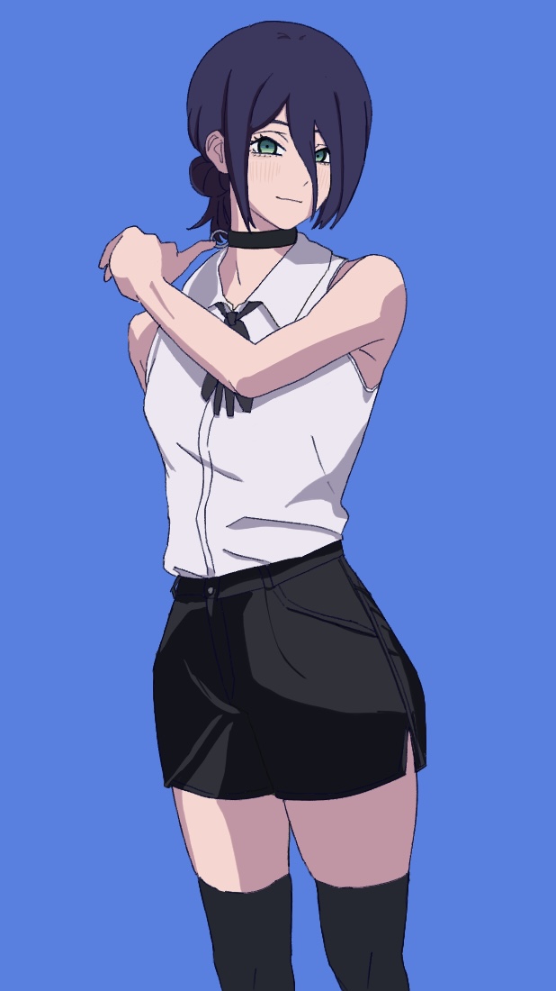 reze (chainsaw man), chainsaw man, commentary request, 1girl, black choker, black ribbon, blush, choker, collared shirt, green eyes, grenade pin, hair between eyes, hair bun, long hair between eyes, neck ribbon, noodles yxdk2754 114271013, pull cord, ribbon, shirt, shirt tucked in, single hair bun, skirt, sleeveless, sleeveless shirt, smile, white shirt