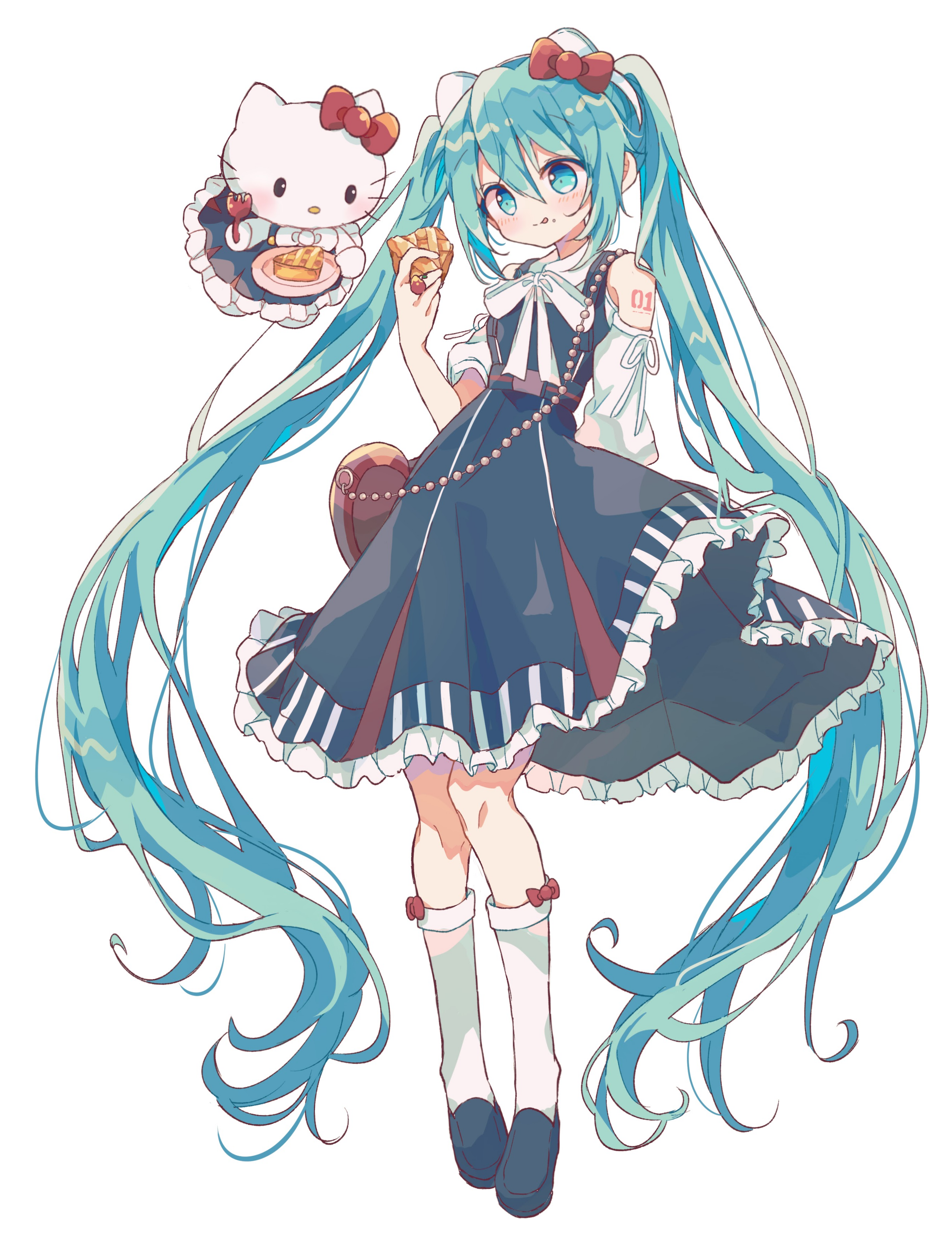 futaba969649, hatsune miku, hello kitty (character), hello kitty, project sekai, sanrio, vocaloid, absurdres, commentary, highres, 2girls, :q, apple, apple pie, bag, blue dress, blue shoes, border, bow, bowtie, detached sleeves, dress, food, fruit, green eyes, green hair, hair bow, kneehighs, long hair, looking at viewer, multiple girls, number tattoo, official alternate costume, pie, red bow, shoes, shoulder tattoo, simple background, smile, socks, sparkle, tattoo, tongue, tongue out, twintails, very long hair, white background, white bow, white bowtie, white sleeves, white socks