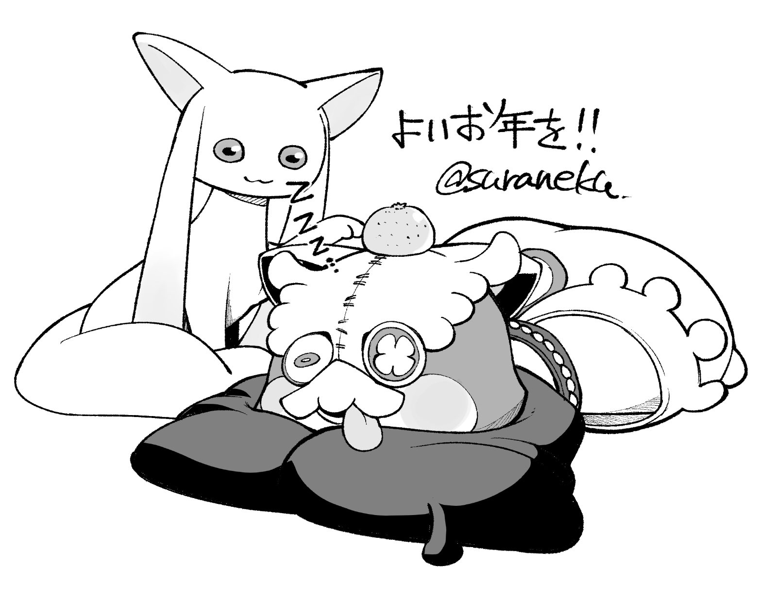 suraneku, a-q (madoka magica), nighthawk (madoka magica), mahou shoujo madoka magica, mahou shoujo madoka magica magia exedra, commentary request, highres, translation request, :3, creature, creature focus, cushion, food, food on head, fruit, fruit on head, greyscale, happy new year, looking at creature, monochrome, new year, no humans, object on head, orange (fruit), simple background, tongue, twitter username, white background, zabuton