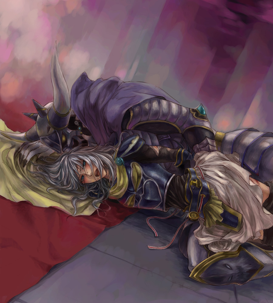 garland (ff1), warrior of light (ff1), dissidia final fantasy, final fantasy, silver hair, armor, blood, blush, bottomless, long hair, lying, male focus, open mouth, tears, yaoi