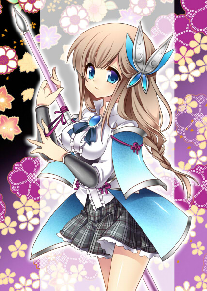 masaru.jp, original, 1girl, armor, blue eyes, breasts, brown hair, butterfly hair ornament, female focus, flower, hair ornament, miniskirt, plaid clothes, plaid skirt, polearm, skirt, solo, weapon