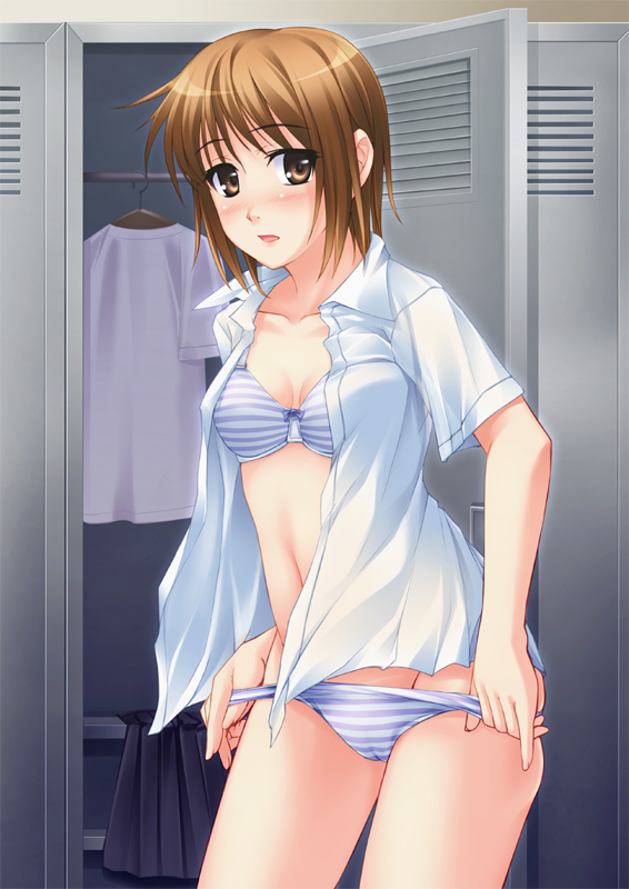 kobapyon, 1girl, bra, brown hair, female focus, lingerie, locker, locker room, open clothes, open shirt, panties, shirt, short hair, solo, striped bra, striped clothes, striped panties, underwear, undressing