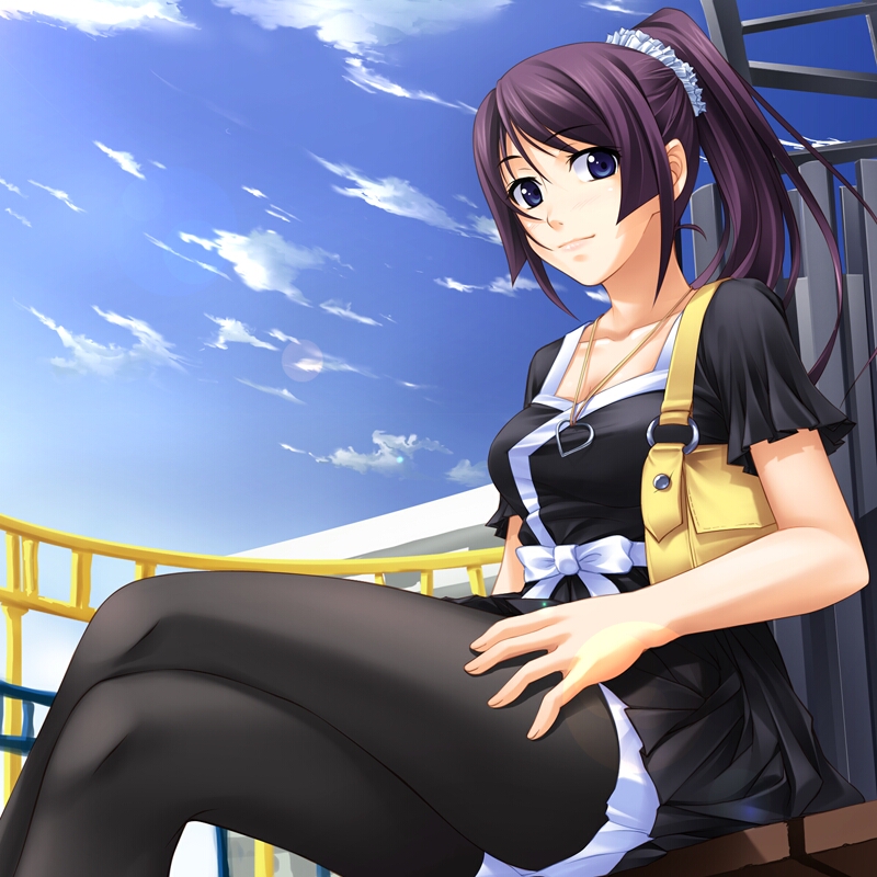 kobapyon, senjougahara hitagi, bakemonogatari, monogatari (series), 00s, 1girl, bag, blue eyes, cloud, crossed legs, day, dress, female focus, handbag, jewelry, lips, looking at viewer, necklace, pantyhose, ponytail, purple hair, sitting, sky, smile, solo